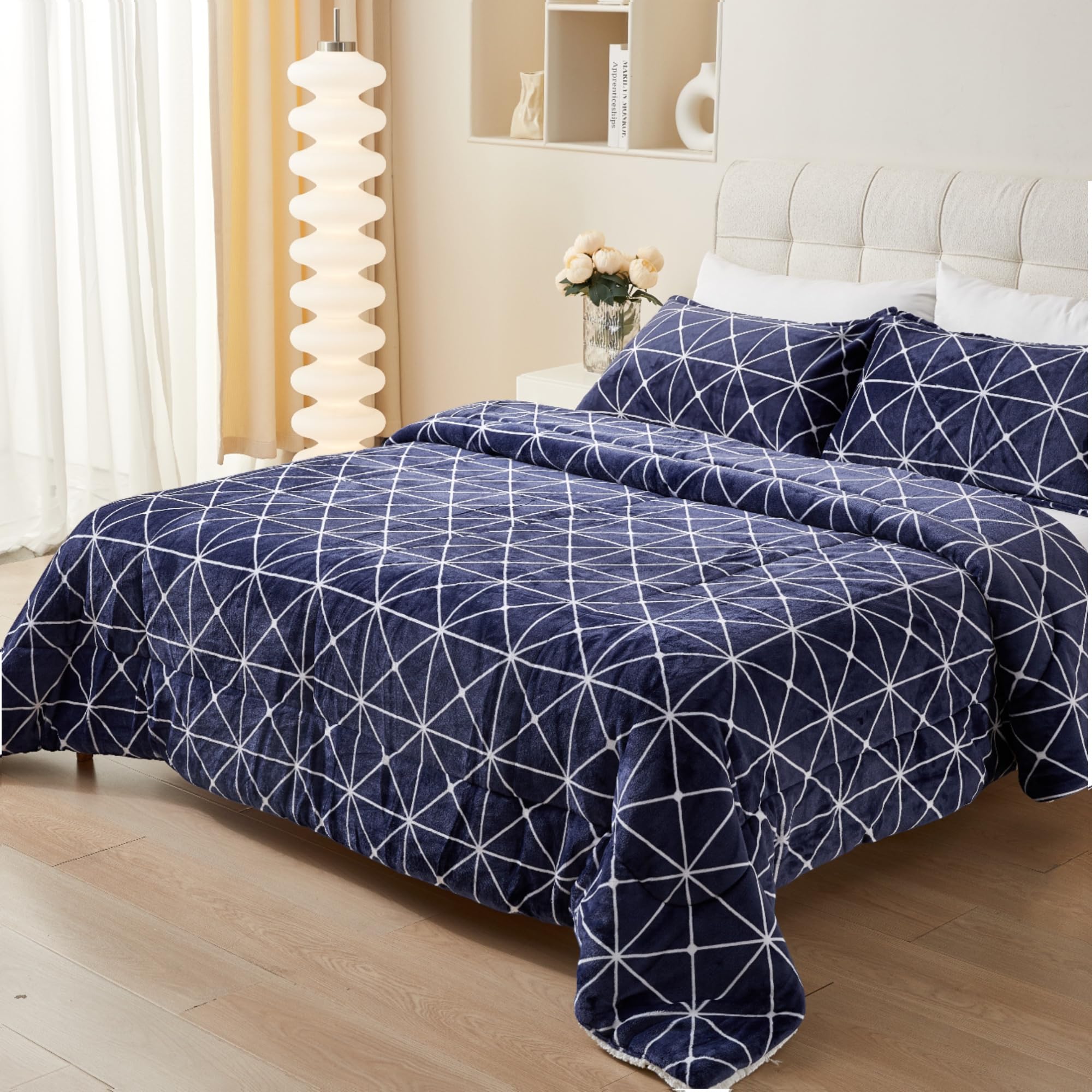 TIENDA EURASIA - Edredón Nórdico con Borreguito, Estampado Moderno, Ideal para Invierno, Tacto Suave y Confortable, Conjunto de Edredón y Funda de Almohada (Cama 135/150-220 x 240 cm, Azul)
