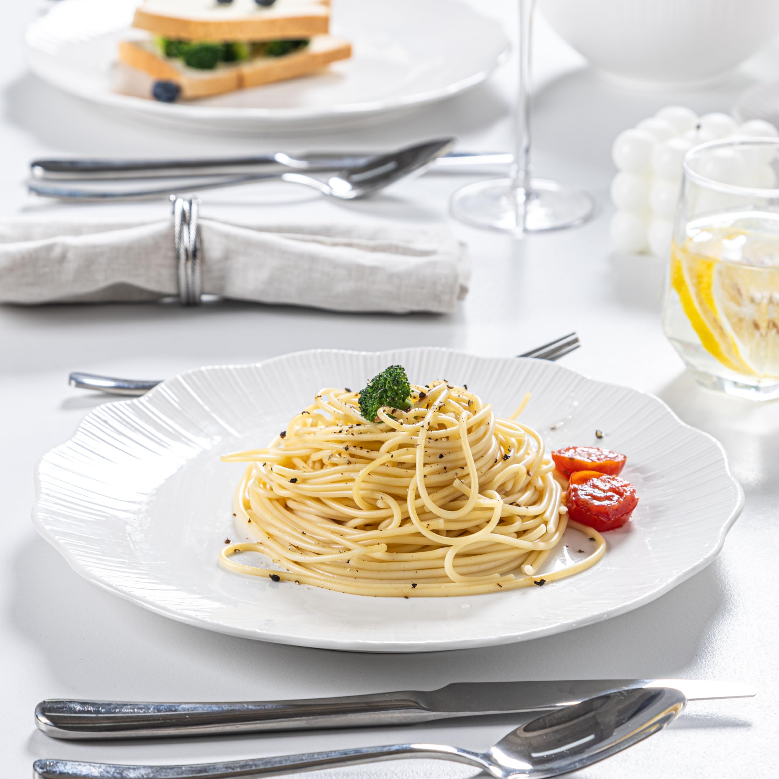 QOMO-1996 Porcelain Dinnerware Set, 20 Pieces Radial Embossed Plates and Bowls,Cups,Saucers, Chip and Scratch Resistant Ceramic Dinnerware Set, Elegant Dingware Dish Set in White Service for 4