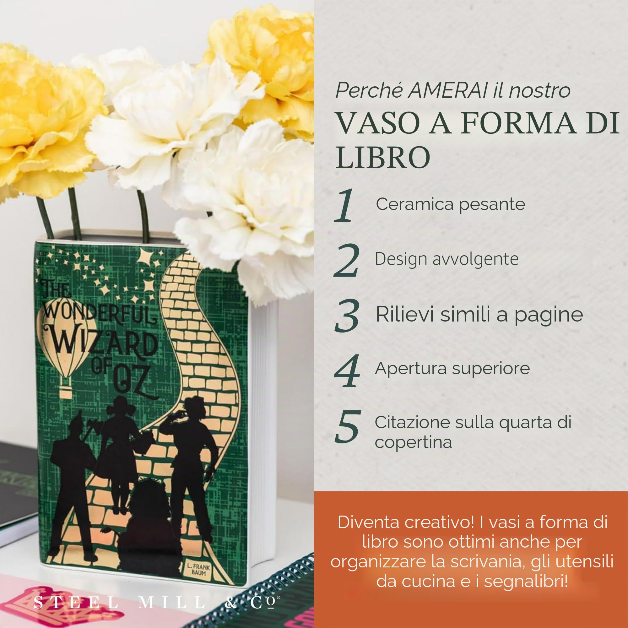 Steel Mill & Co - Grande vaso decorativo a forma di libro, in ceramica, per la casa, graziosa decorazione per libreria, vaso unico per gli amanti dei libri, mago di Oz