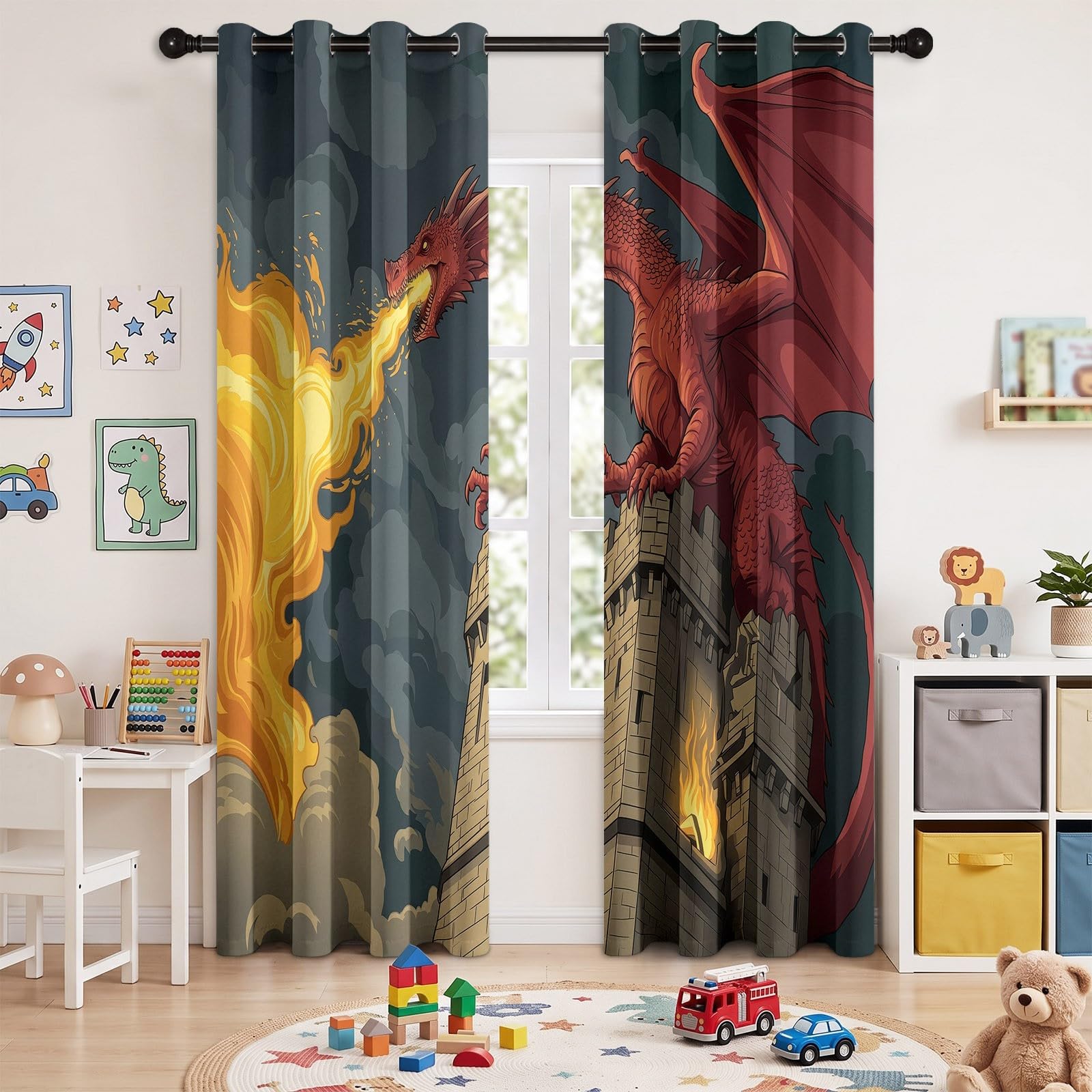 Zasłona przeciwpożarowa, 100% termiczna zasłona zaciemniająca z oczkami, zestaw 2 szt., 75 x 166 cm, fantastyczne zwierzątko do sypialni chłopięcej, do pokoju dziecięcego, gry zaciemniające i redukcja