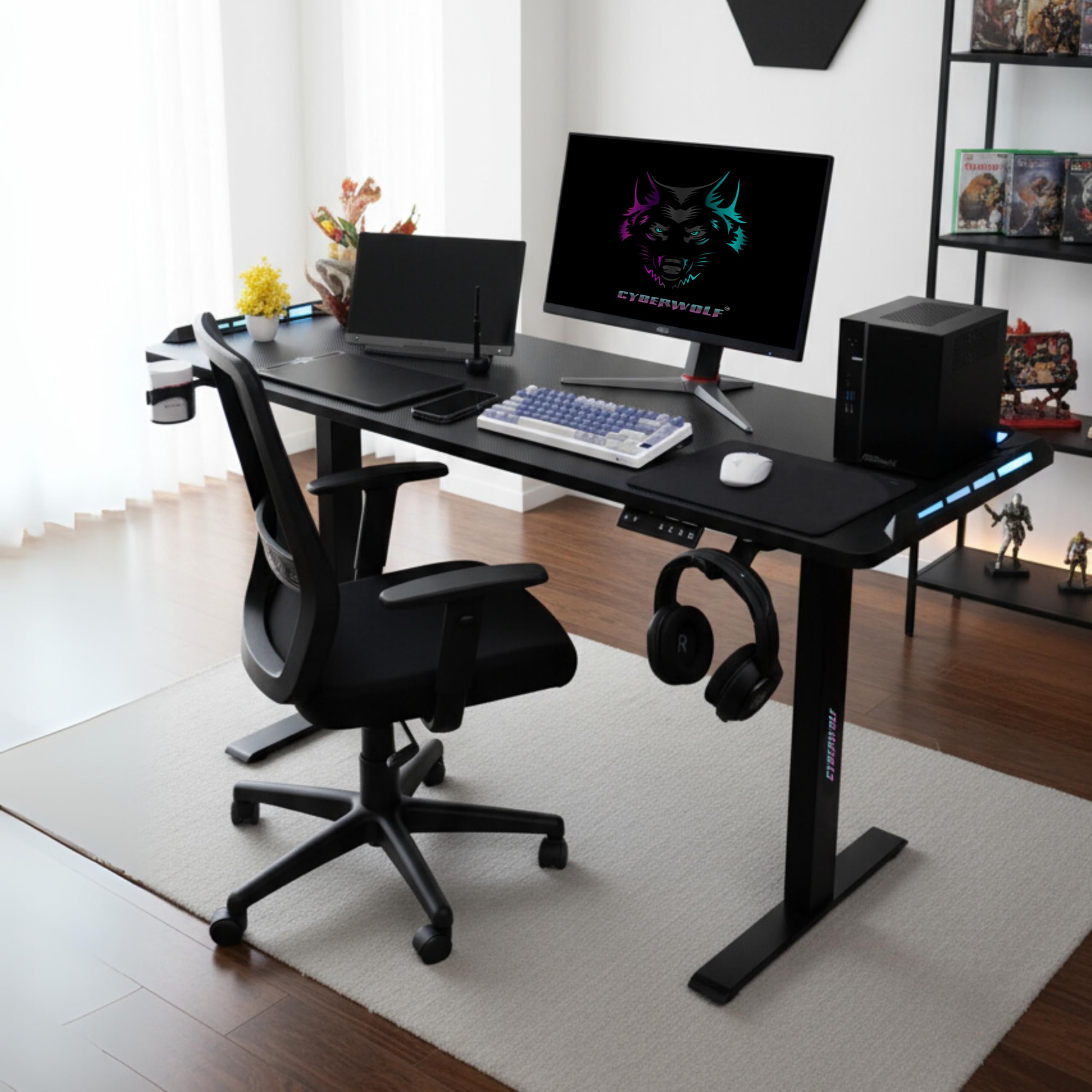 Cyberwolf Gaming RGB Carbonfibre Adjustable Desk | Sit-Stand Ergonomic Table | Electric Height Adjustable Desk for Laptop | Work from Home Desk with Memory Preset Controller (White, 160 * 60 cms)