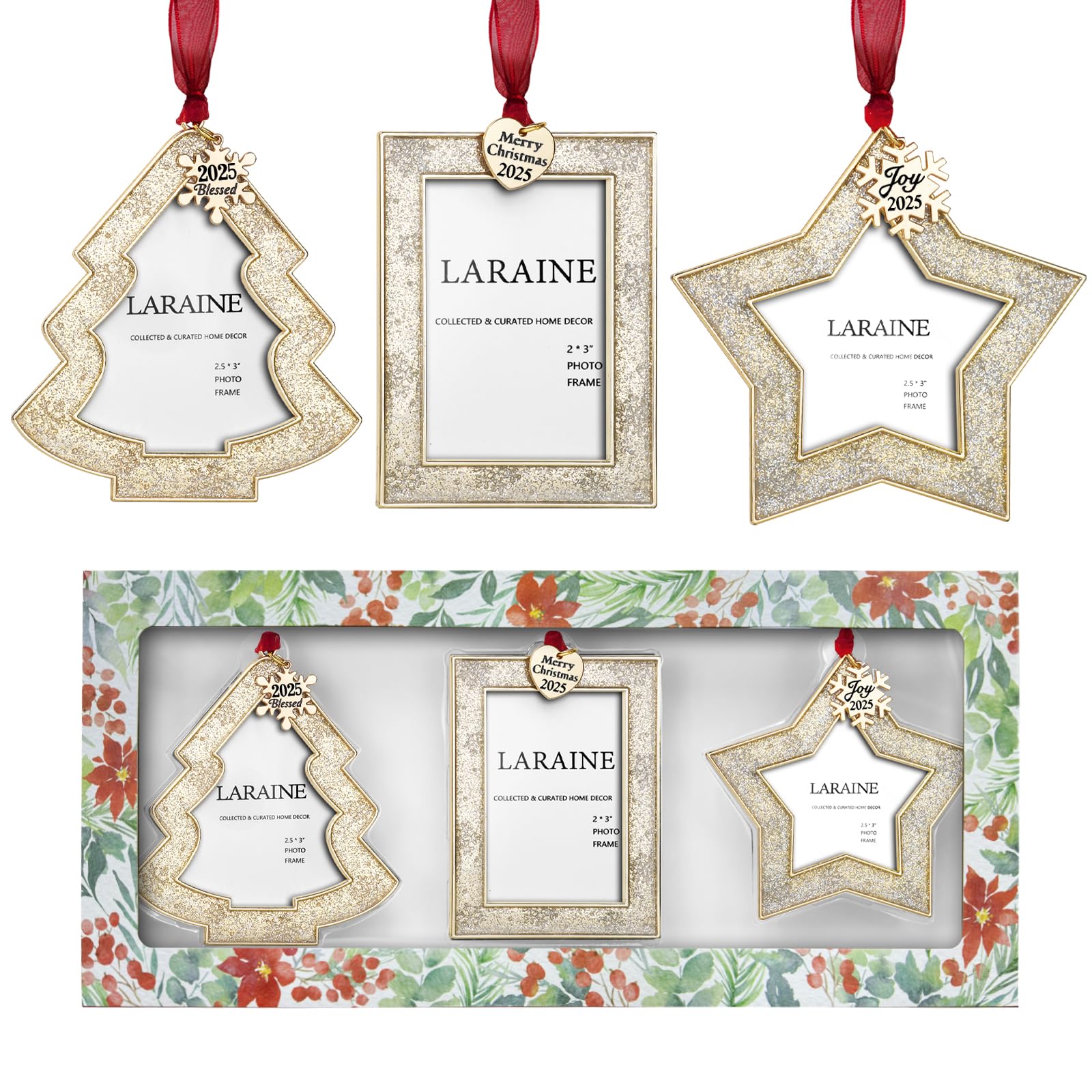 Laraine Christmas Tree Ornaments 3 Pieces – Decorative Hanging 2025 Star Pendant with Small Picture Frame Insert for Baby and Pet Holiday Keepsake Gift (Gold (2025))