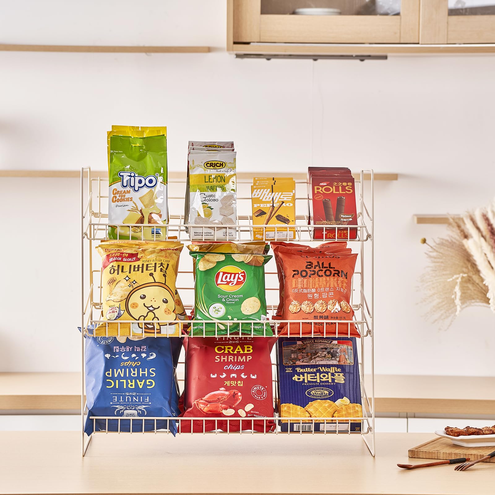 Large Candy Display Rack, Snack Display Stand, Wire Chip Organizer for Kitchen, Stores, Office, White