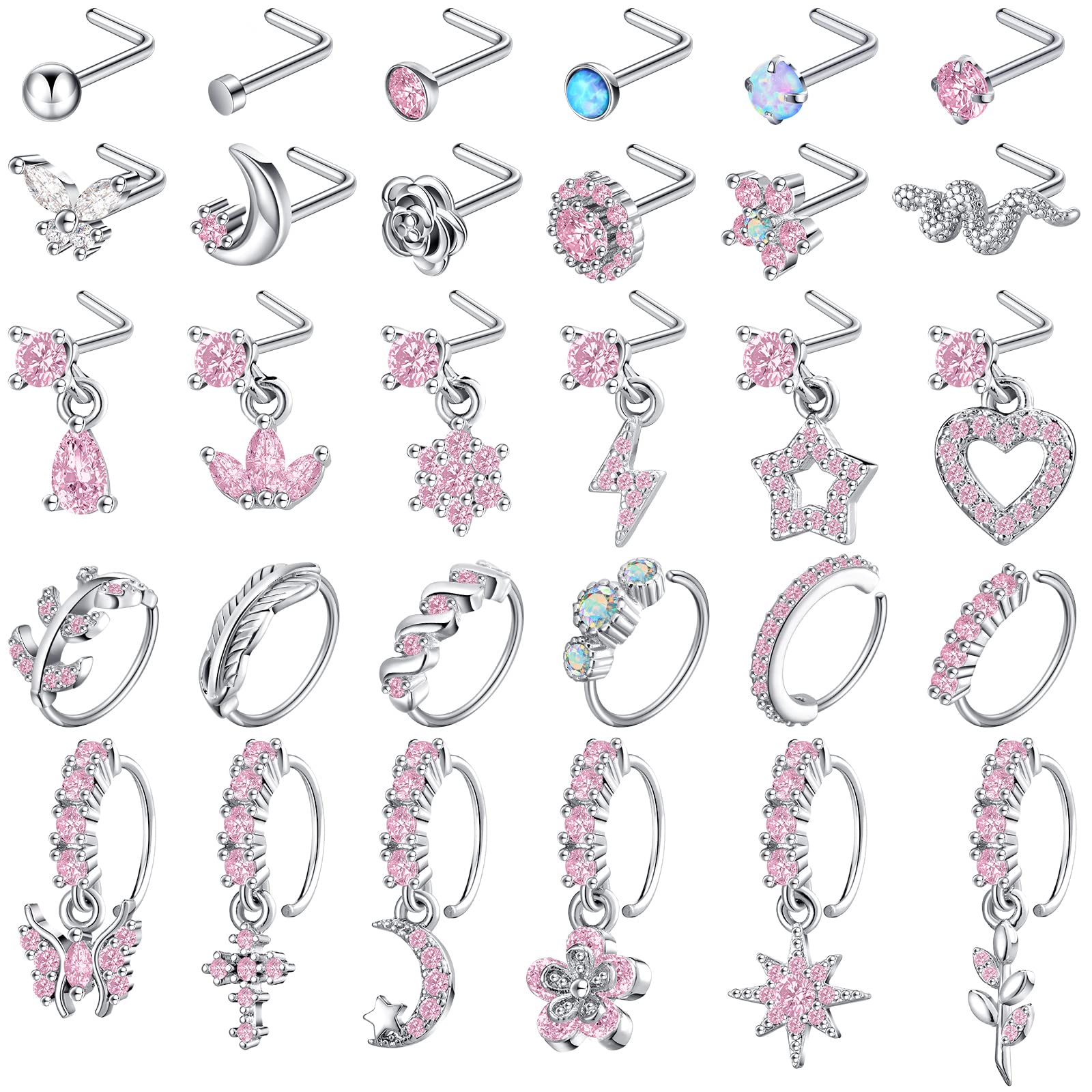Trnayi 30 Pcs Dangling Nose Rings 20g Nose Ring Hoop L Shaped Stainless Steel Dangling Nose Studs Cute Nose Piercing Jewelry for Women (Silver with Pink)