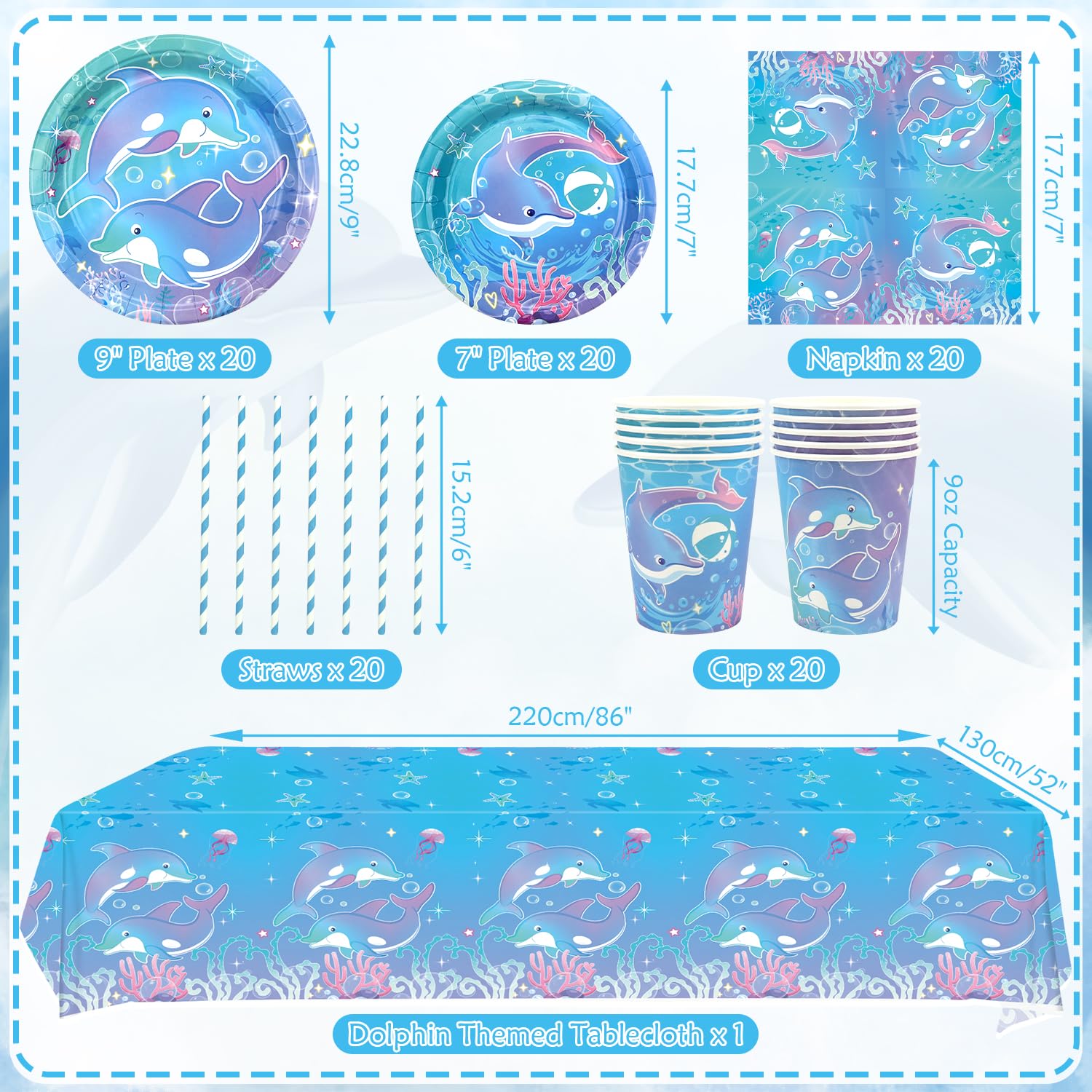 Forniture per feste a forma di delfino, include piatti, tovaglioli, tazze, tovaglie, decorazioni per feste a tema delfino, compleanno, baby shower