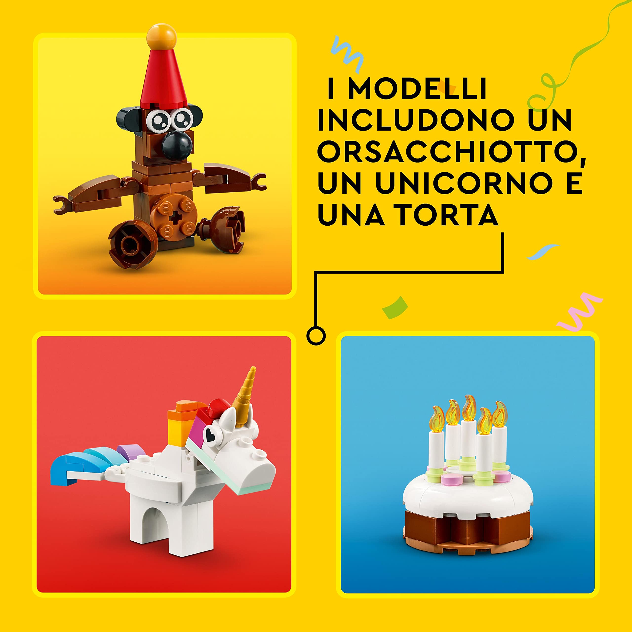 LEGO Classic Party Box Creativa, Animali Giocattolo per Bambini e Bambine, Giochi da Condividere in Famiglia con 12 Mini-Costruzioni: Orsacchiotto, Clown e Unicorno 11029