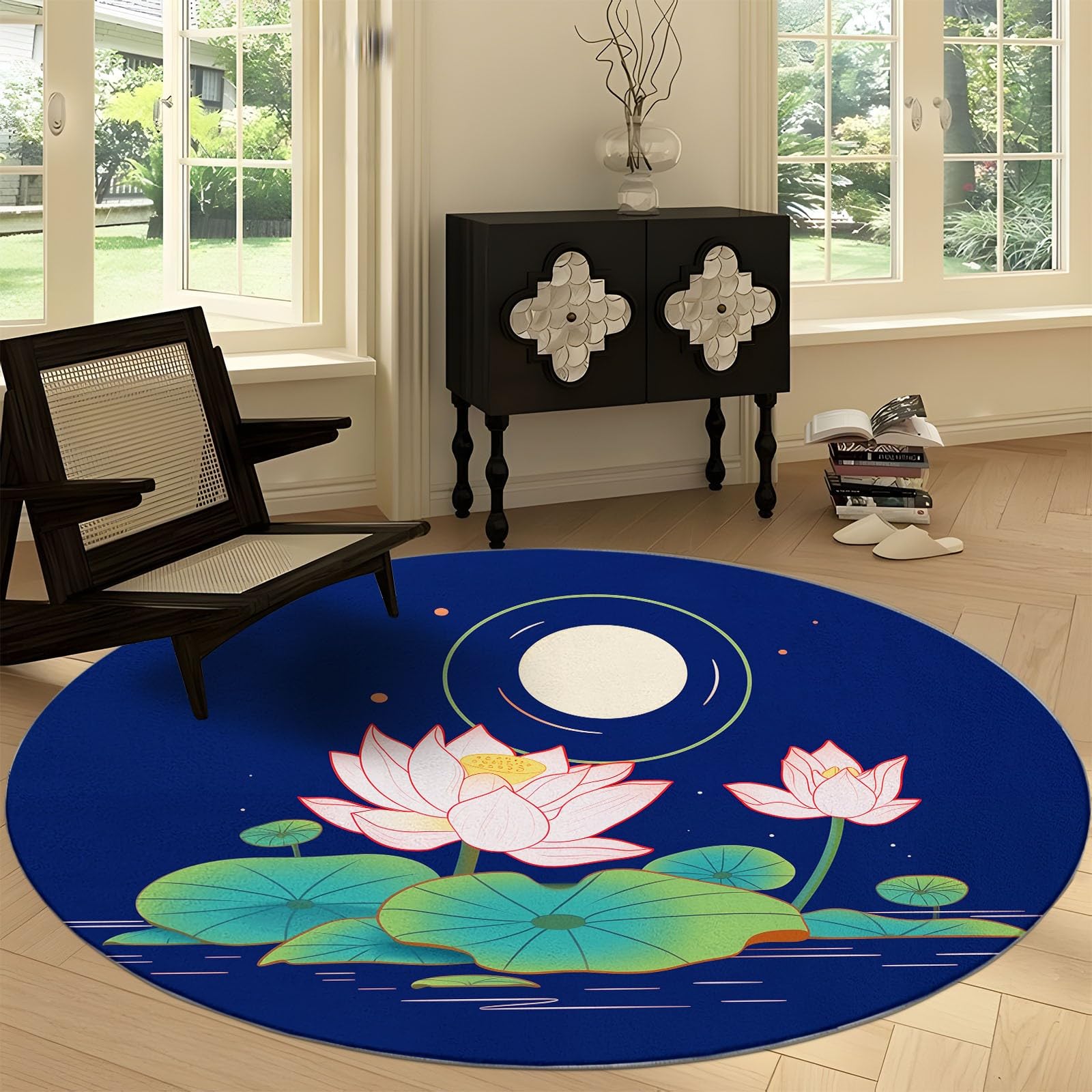 Générique Bleu Tapis Rond Lavable en Machine 120 cm, Lune Fleurs Lotus - Tapis Rond imprimé antidérapant à Poils Courts pour Salon, Chambre d'enfant, décoration de Chambre