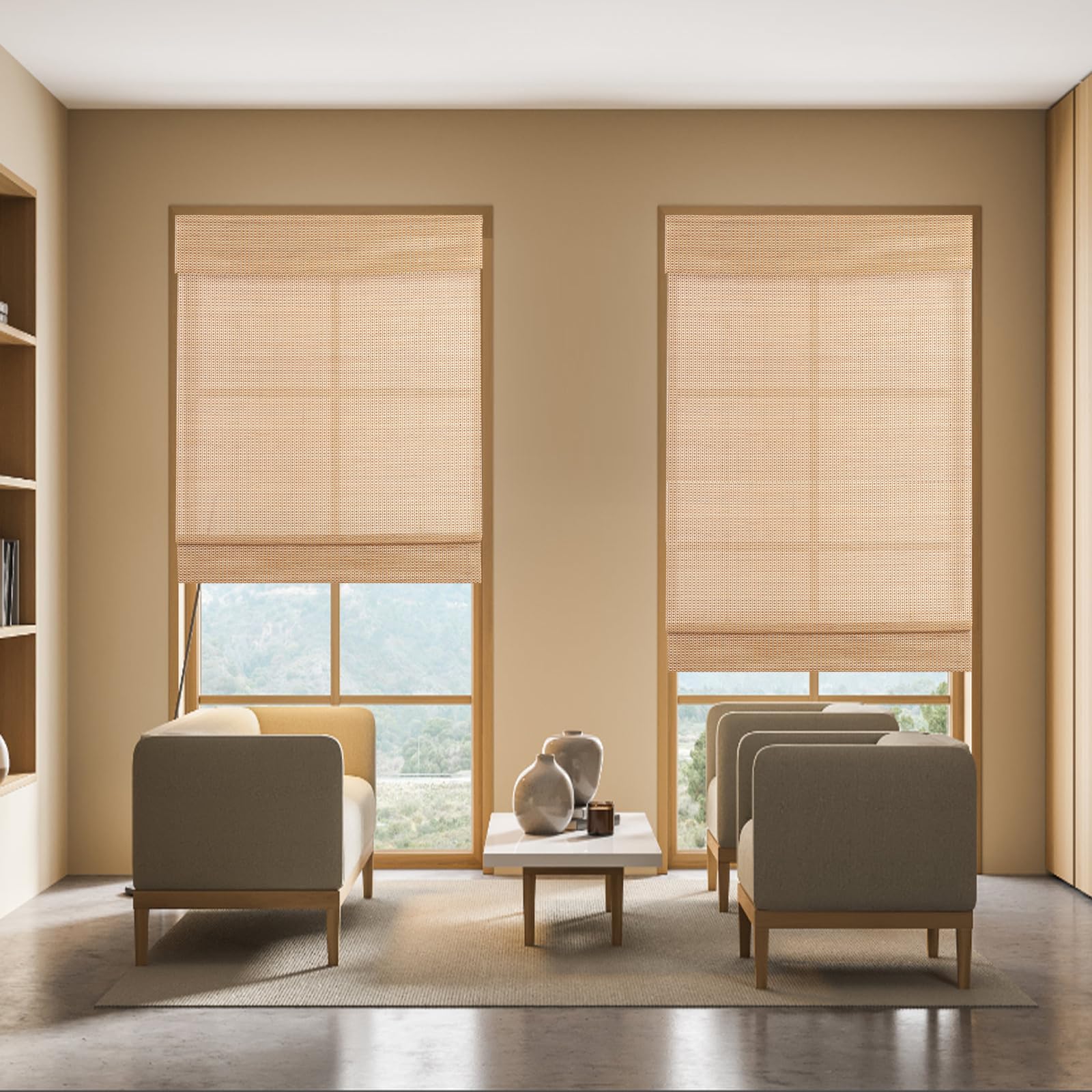 HousCa Blackout No Drill Roman Shades, Custom Cordless Bamboo Window Shades Window Blinds, Natural 100% Bamboo Shades for Windows, French Doors, Small Windows, Color 21