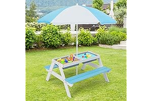 3 in 1 Kids Picnic Table with Adjustable Umbrella & Removable Play Boxes