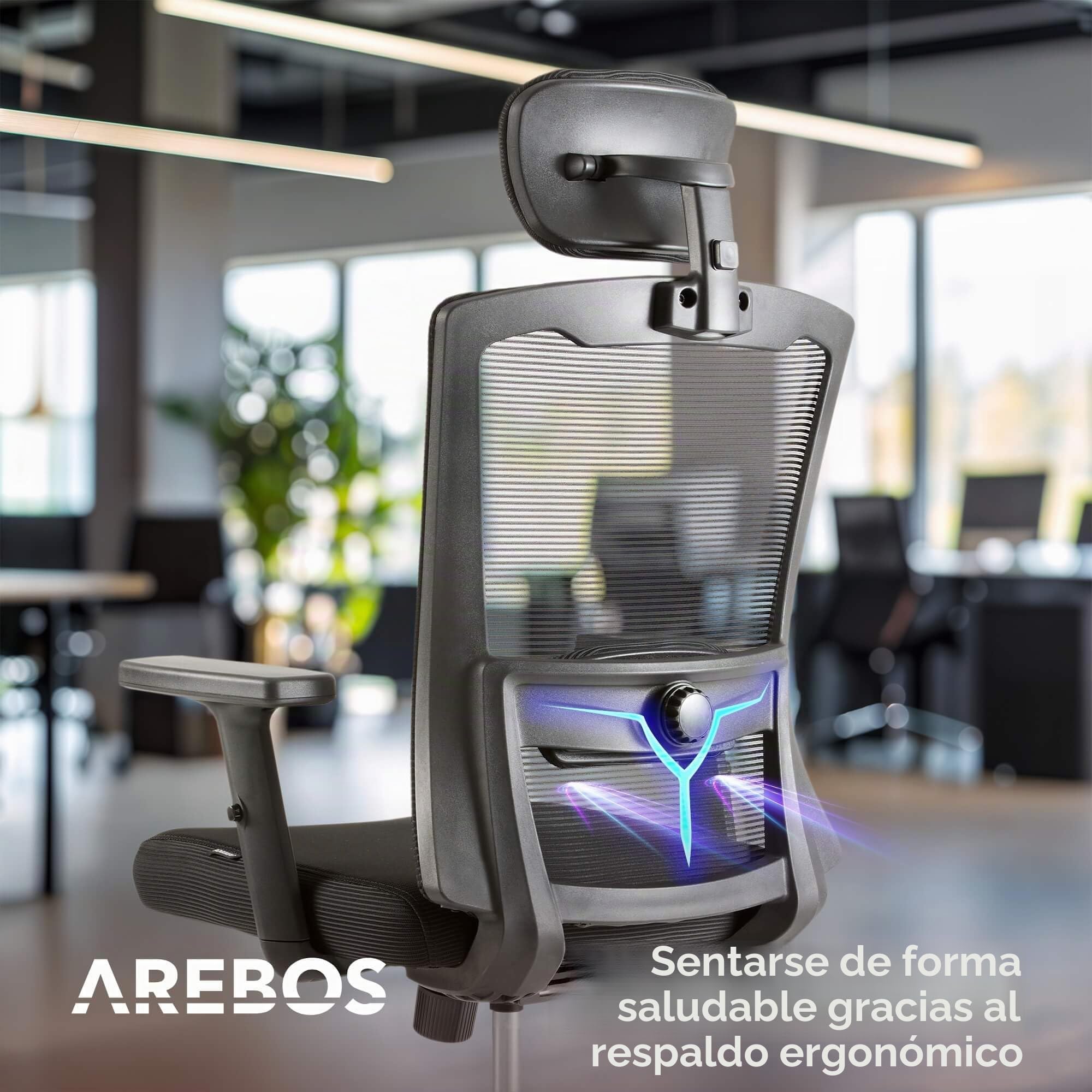 Arebos Silla Ergonómica de Oficina | Silla de Escritorio con Reposacabezas Ajustable, Reposabrazos, Apoyo Lumbar, Función Giratoria | Silla Giratoria de Malla | Respaldo | Capacidad de Peso 136 kg