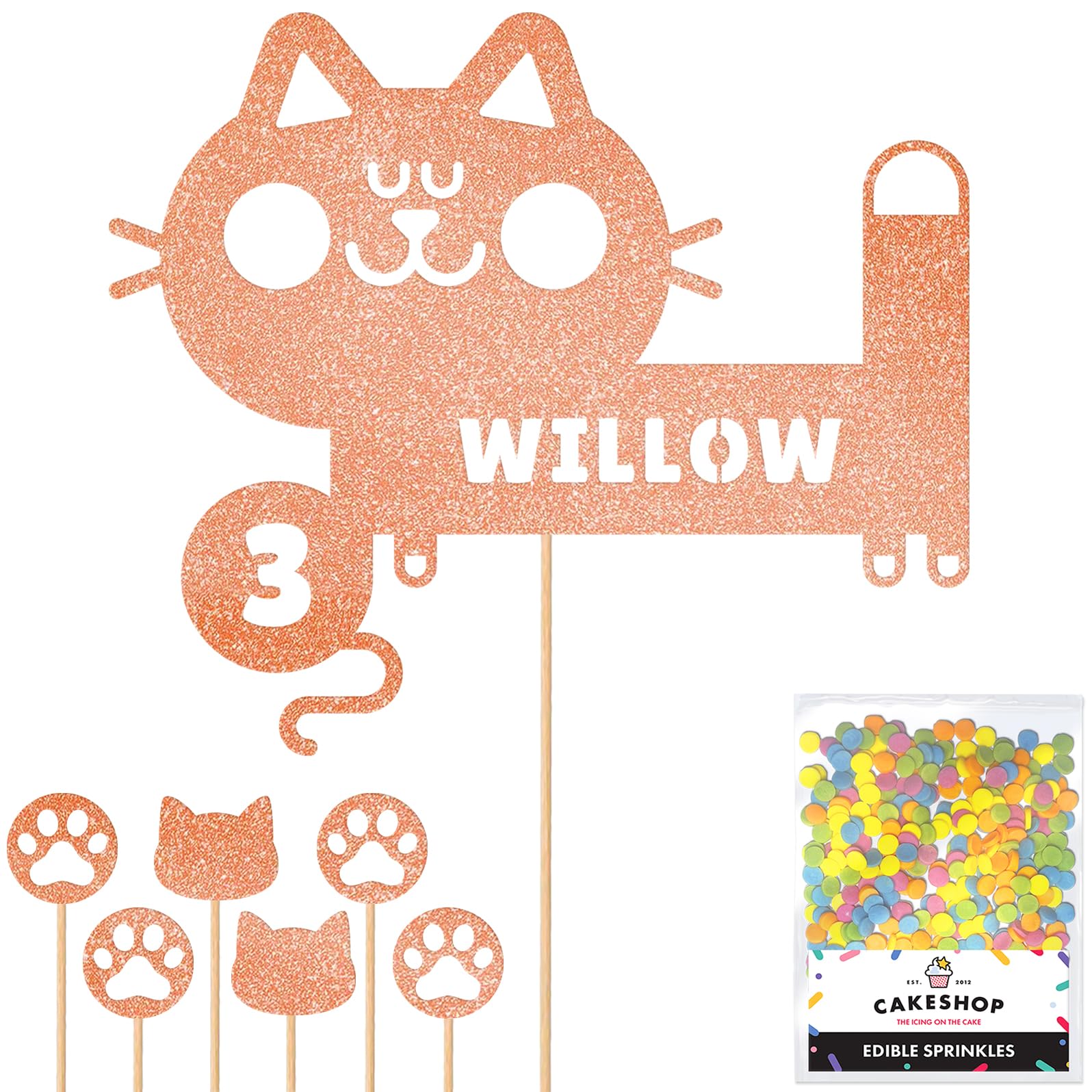 Personalised Birthday Cat Kitten Glitter Cake Topper- Rose Gold Any Name & Age Glitter Cake Decoration and Sprinkles - Happy Birthday Decorations - Personalised Toppers for Cakes by Cakeshop — image 1