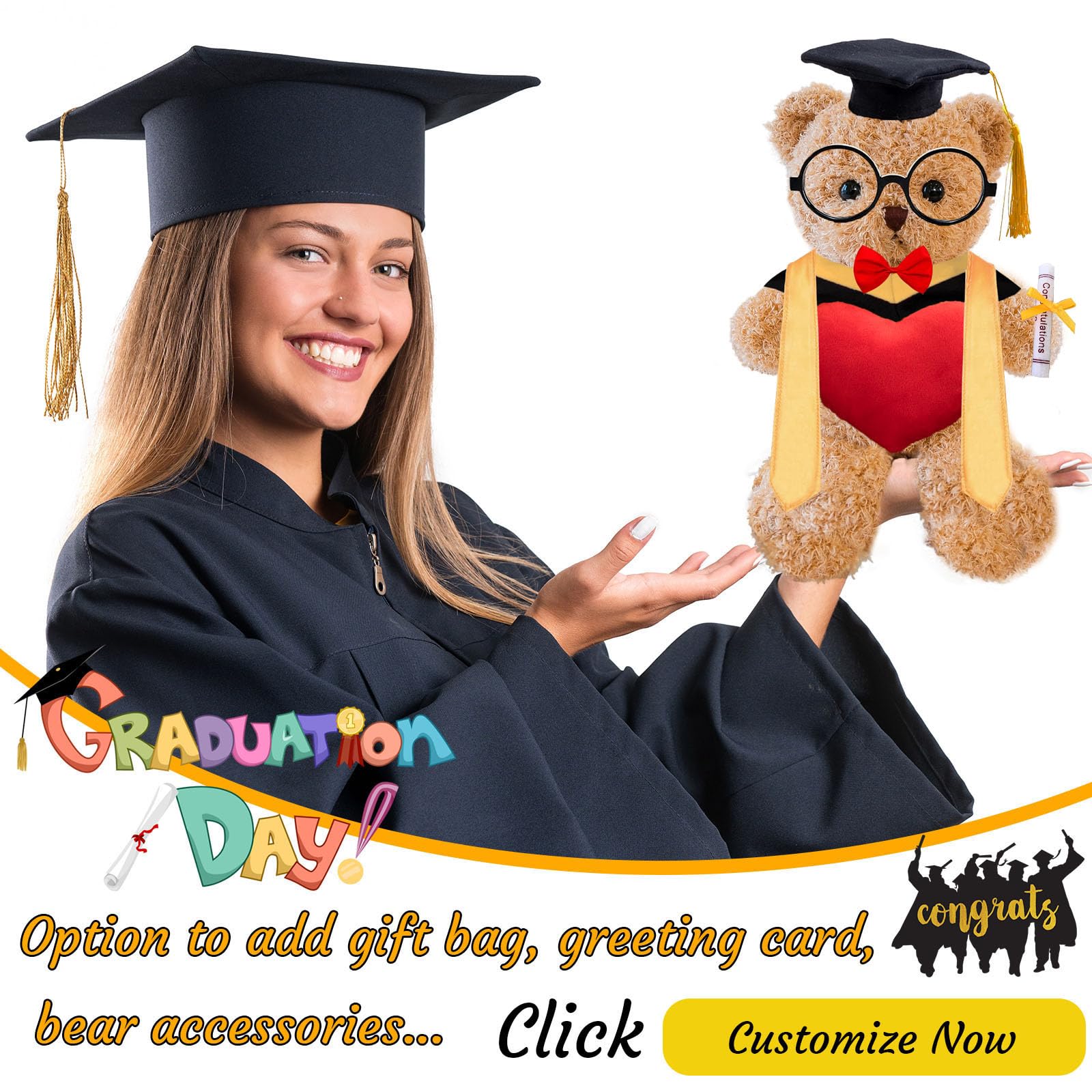 Personalisierter Abschluss-Teddybär – Mit Brille, Schal & Text, 20 Cm