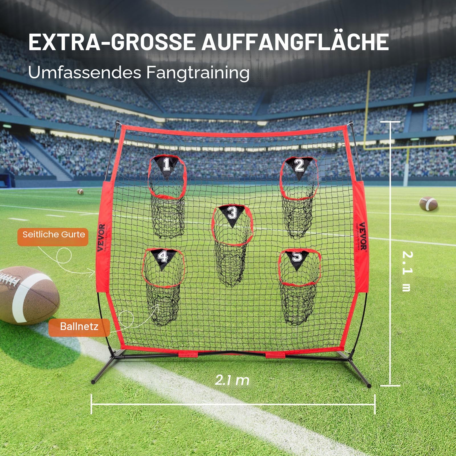 VEVOR Fußballtrainer-Wurfnetz 217x125,5x223 cm mit 5 Zieltaschen, knotenloses Netz, Bogenrahmen & Tragetasche