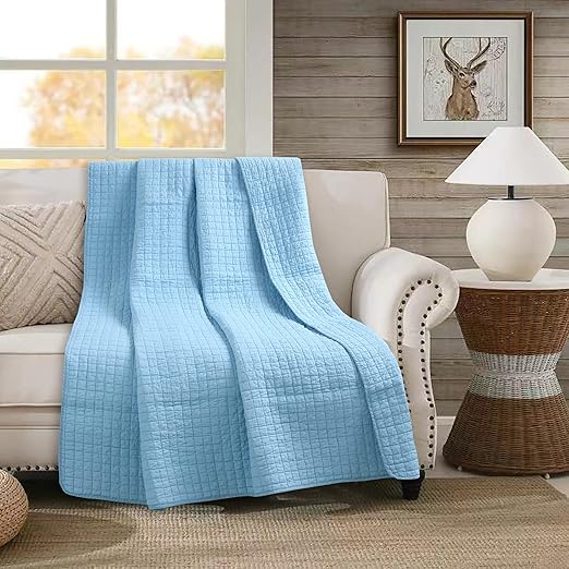 100% Cotton Quilted Throw Decorative Throw Blanket Multi Color Super Soft Warm Indian Vintage Reversible Quilt for Sofa and Couch 50"x60" (Light Blue)