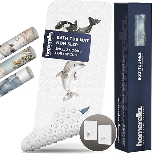 Homerella Alfombrilla antideslizante para bañera y ducha para bebé, 40 x 16 pulgadas, extra larga, 2 ganchos para almacenamiento, tapete de baño