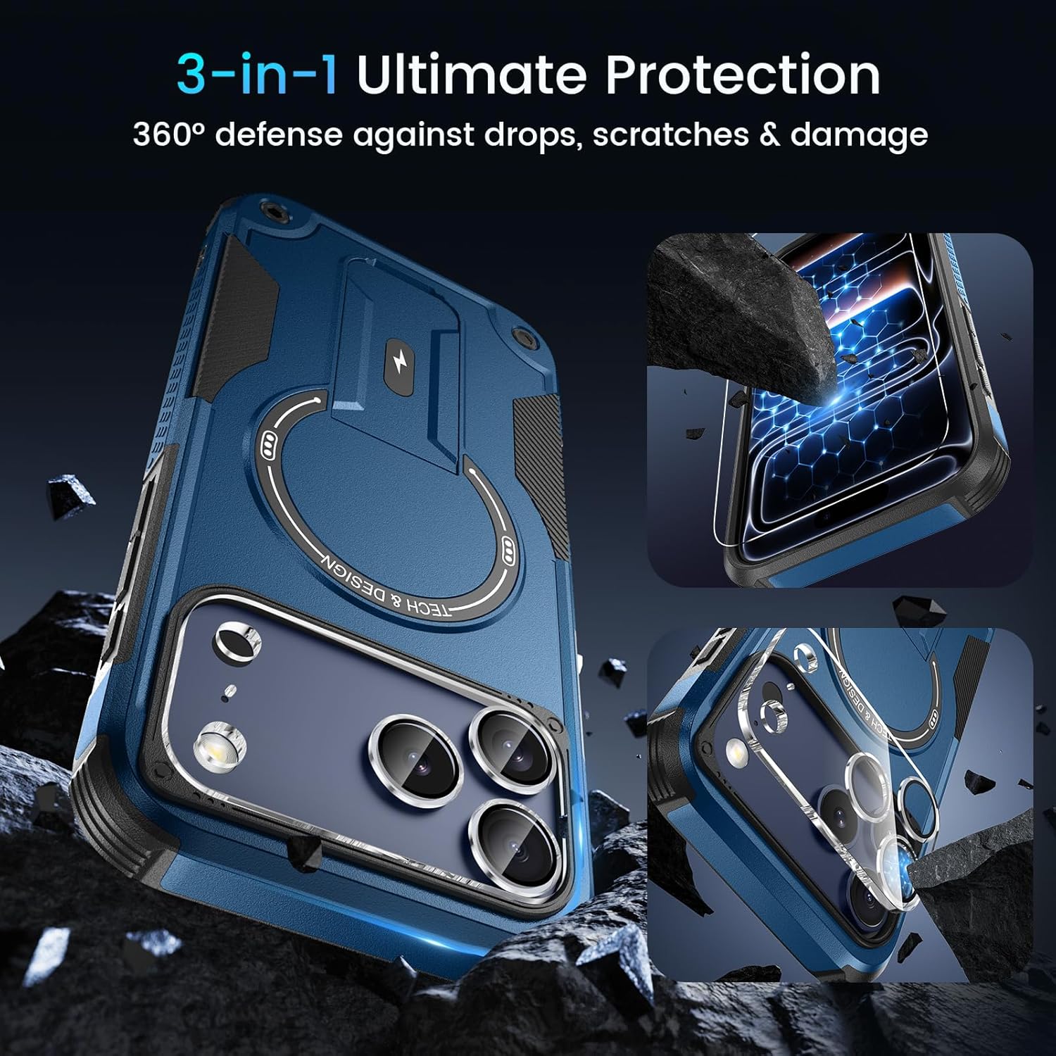 3 in 1 for iPhone 17 Pro Case [Compatible with MagSafe] [Invisible Kickstand] [HD Screen Protector] [Camera Lens Protector], Protective Magnetic Phone Cover for iPhone 17 Pro (Blue) - Image 4