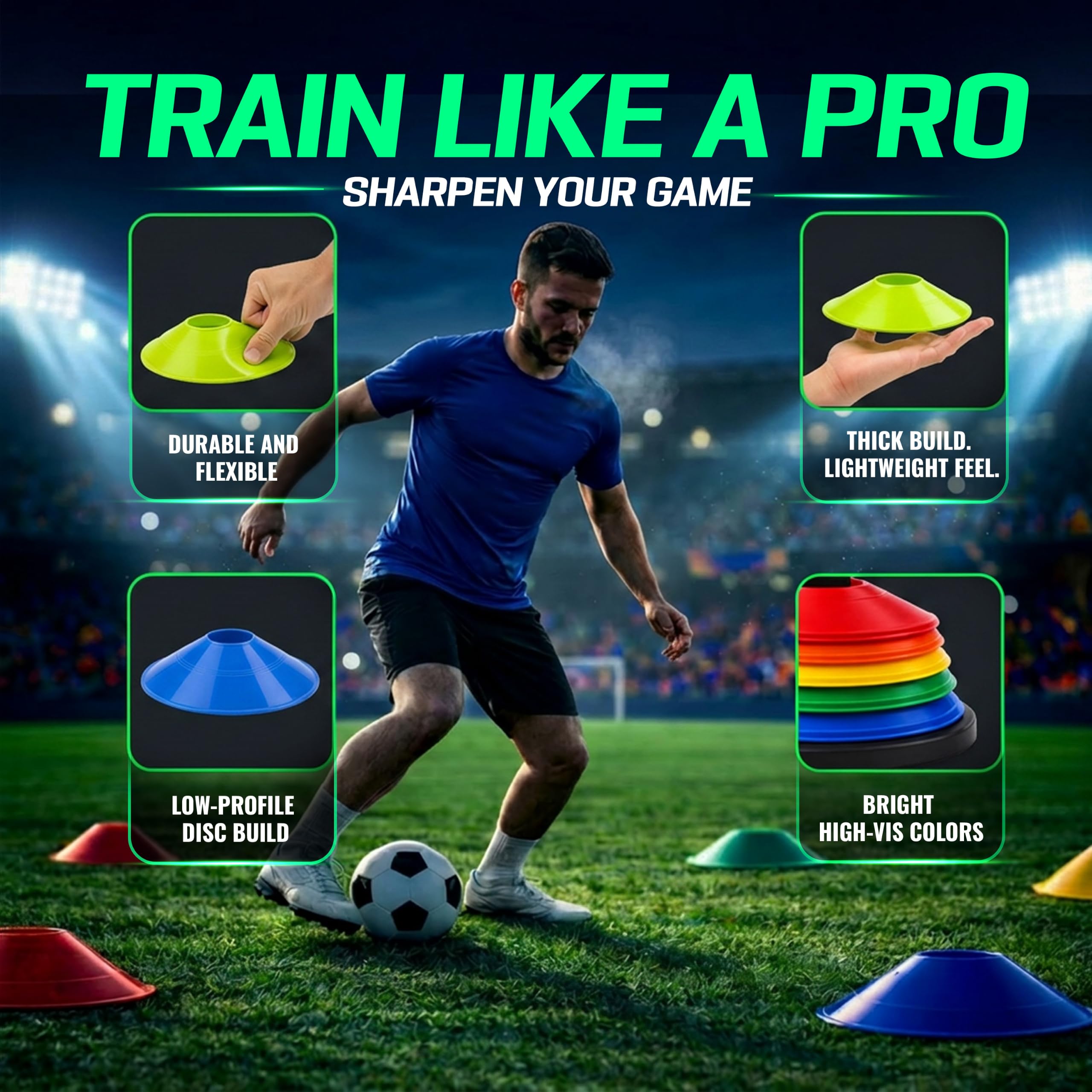 50 coni di agilità, coni da calcio con supporto, 5 colori, per allenamento velocità/agilità, calcio, basket, hockey, golf, interno/esterno.