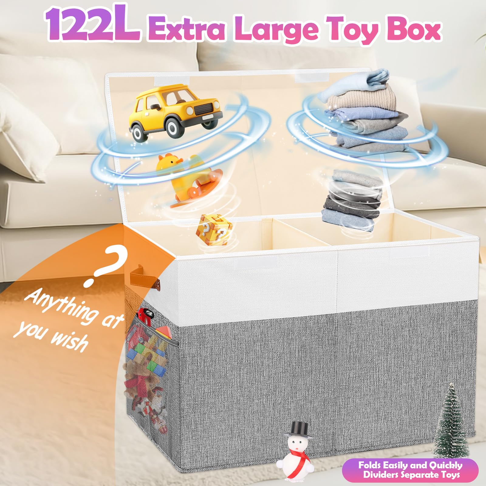 Large Toy Storage Box with Lid, Collapsible Sturdy Toys Storage Organizer Chest Bin Basket with Mesh Divider for Kids, Boys, Girls, Closet, Playroom, Bedroom, Nursery, 26