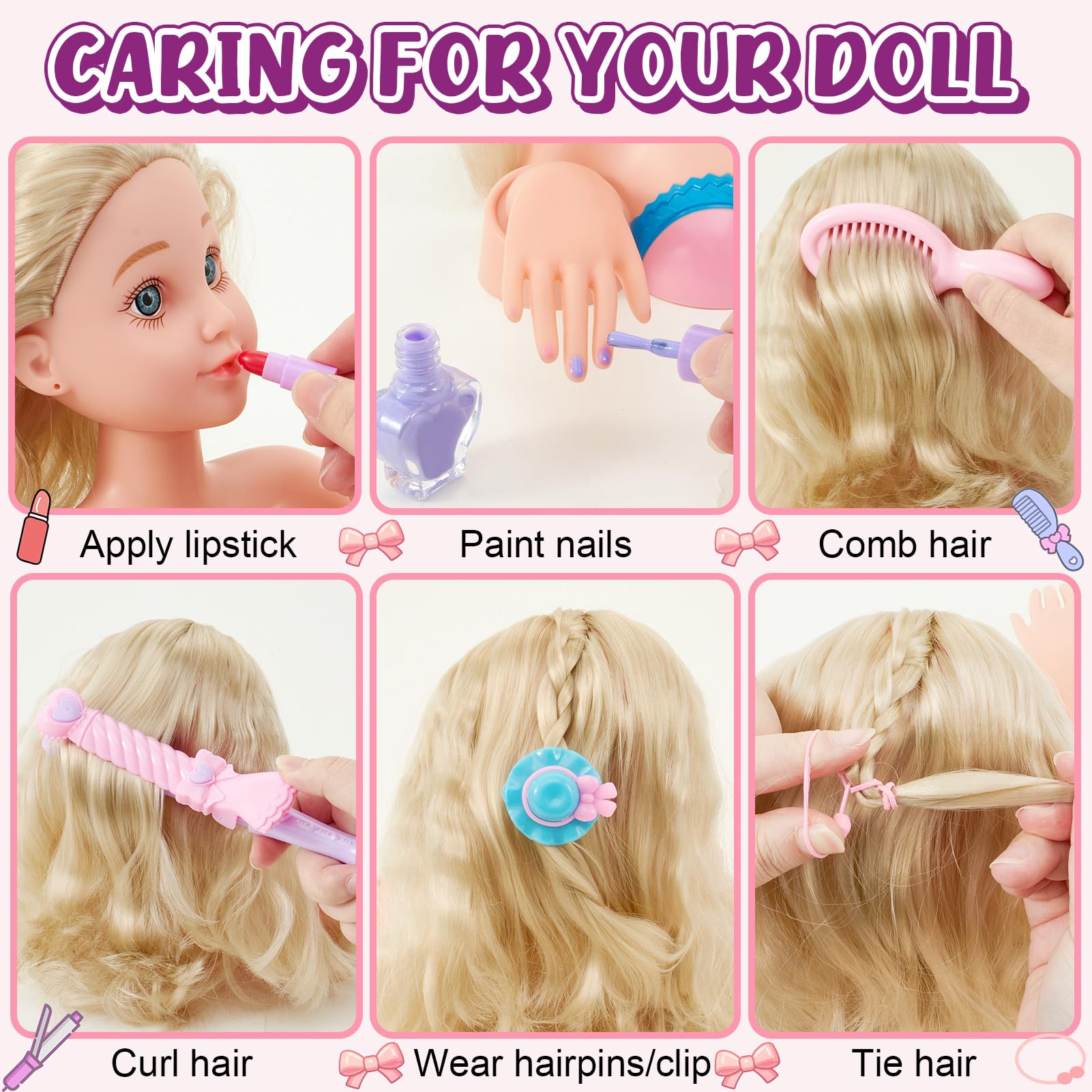 G.C Schminkpuppe Frisierkopf für Kinder Mädchen Spielzeug mit Schminkkopf Haartrockner Nagellack Kinderschminke Friseur Zubehör, Puppenkopf zum Frisieren und Schminken Geschenk Mädchen 3 4 5 6 Jahre