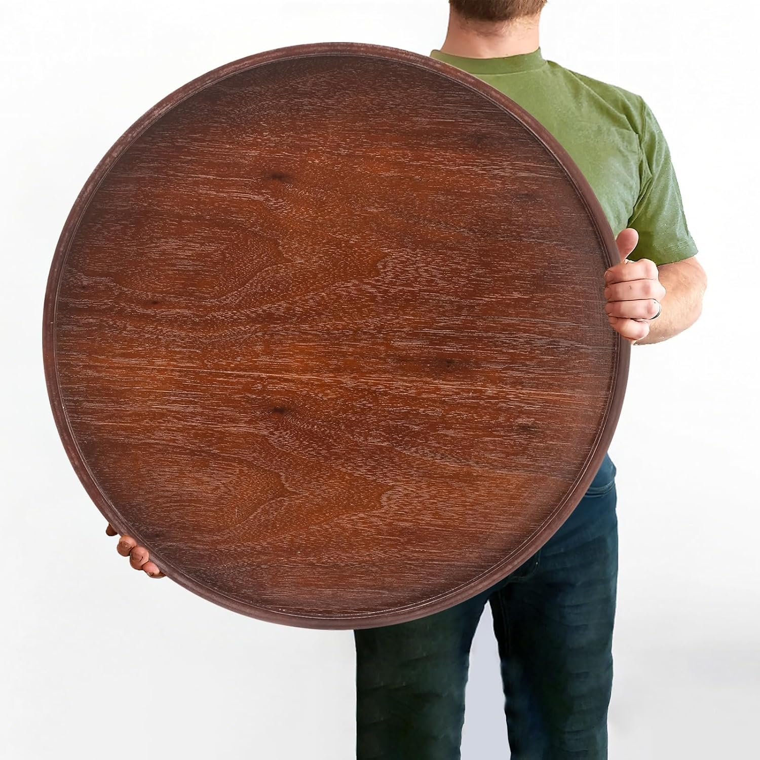 Extra Large Round Solid Wood Serving Tray, Classic Tea Coffee Table Wooden Decorative Ottoman Tray Server for Breakfast in Bed Snack Food Kitchen Party Bar, Raised Edge (23.6inch/60cm) Walnut