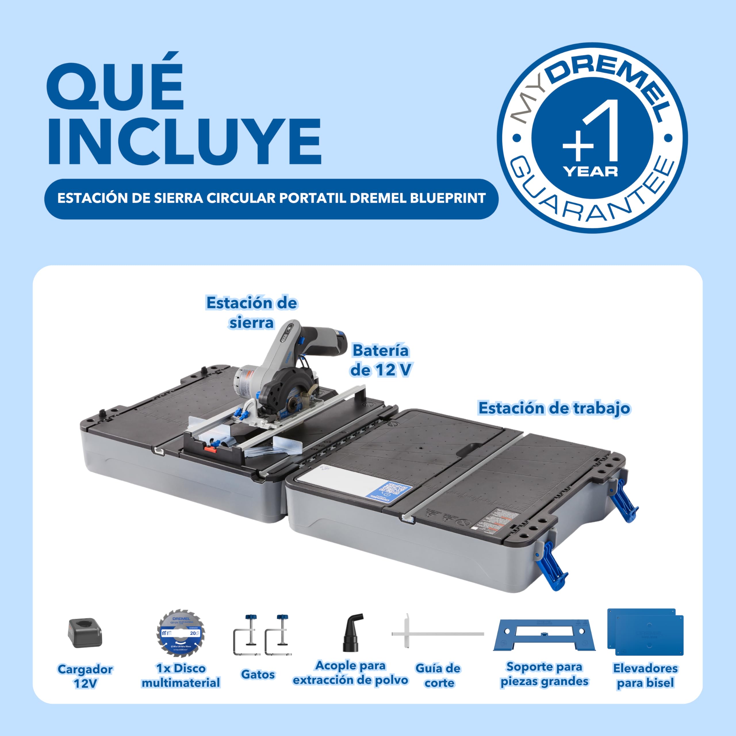 Dremel Blueprint Estación de Sierra Circular Portátil 12V Sin Escobillas con Estación de Trabajo 1x Disco Multimaterial, 1x Guia de Corte, 1x Adaptador de Polvo, 2x Gatos