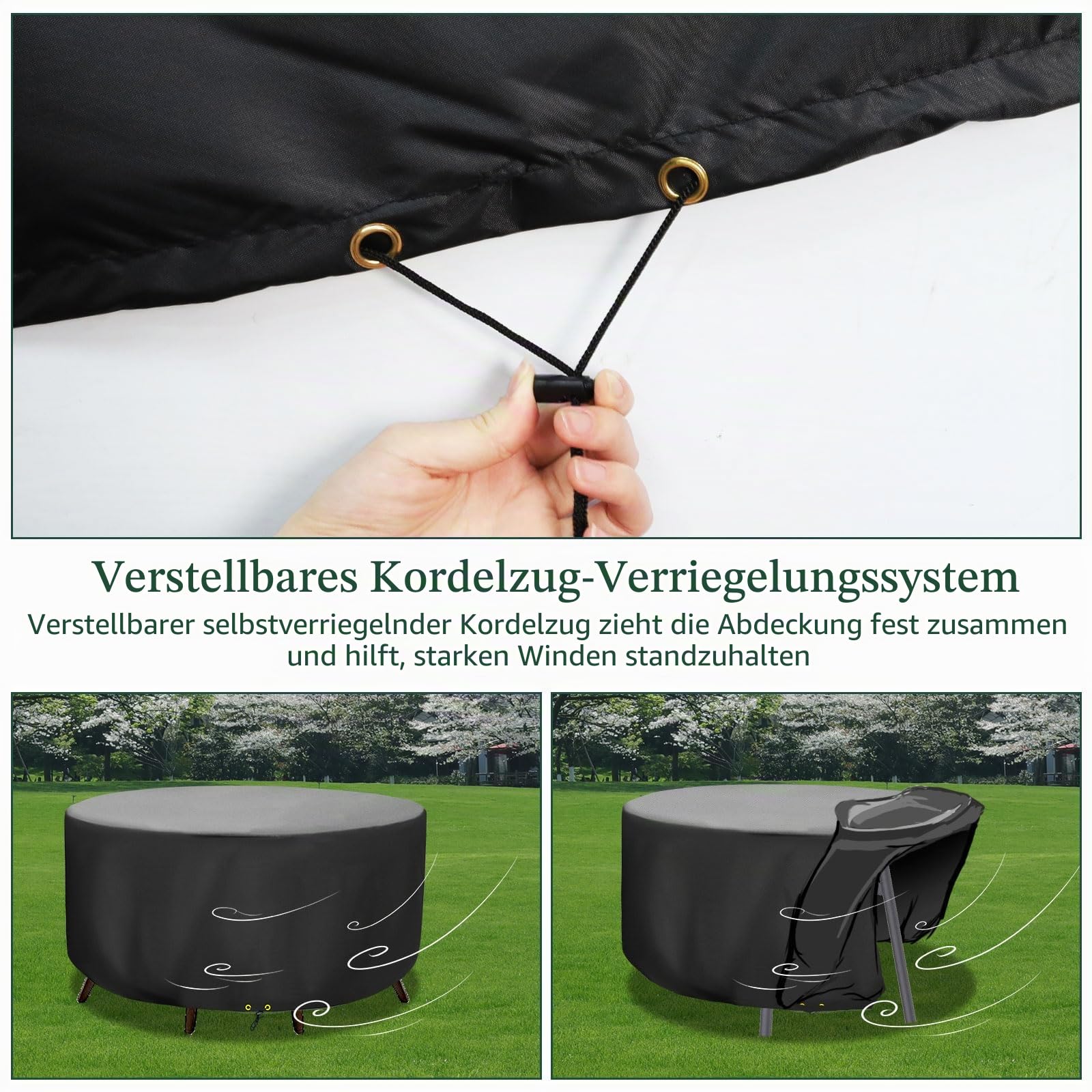 Rund Gartenmöbel Abdeckung Wasserdicht, Ø300 x 90cm, 420D Oxford Gewebe Gartenmöbel Abdeckplane für Gartentische Terrassenmöbel, Winddicht, UV Beständiges, Schutzhülle Gartenmöbel, Schwarz