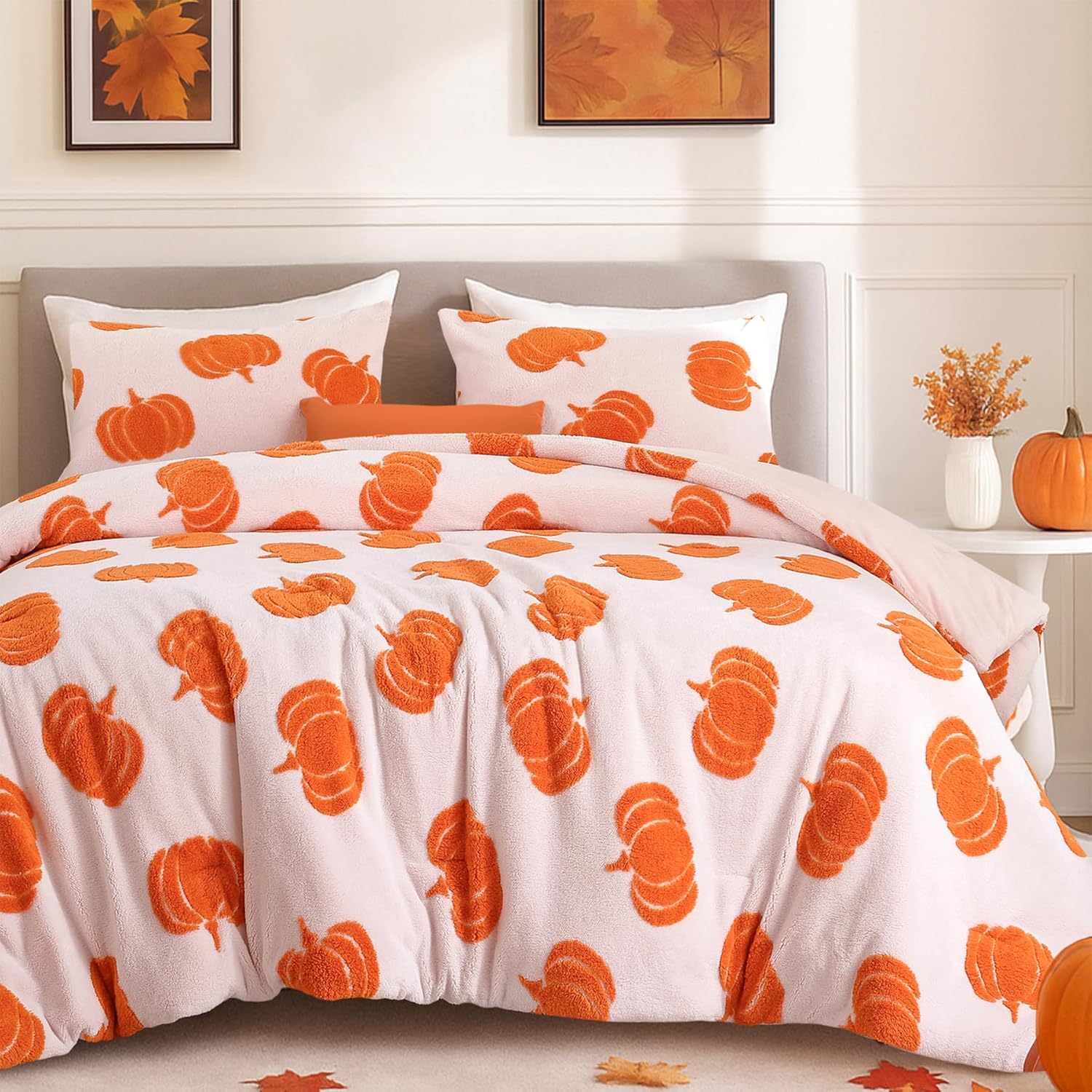 weigelia Burnt Orange Comforter King Size 3 Pieces Pumpkin Halloween Comforter Soft Velvet Lightweight Fall Bedding Set (1 King Comforter + 2 Pillowcases)