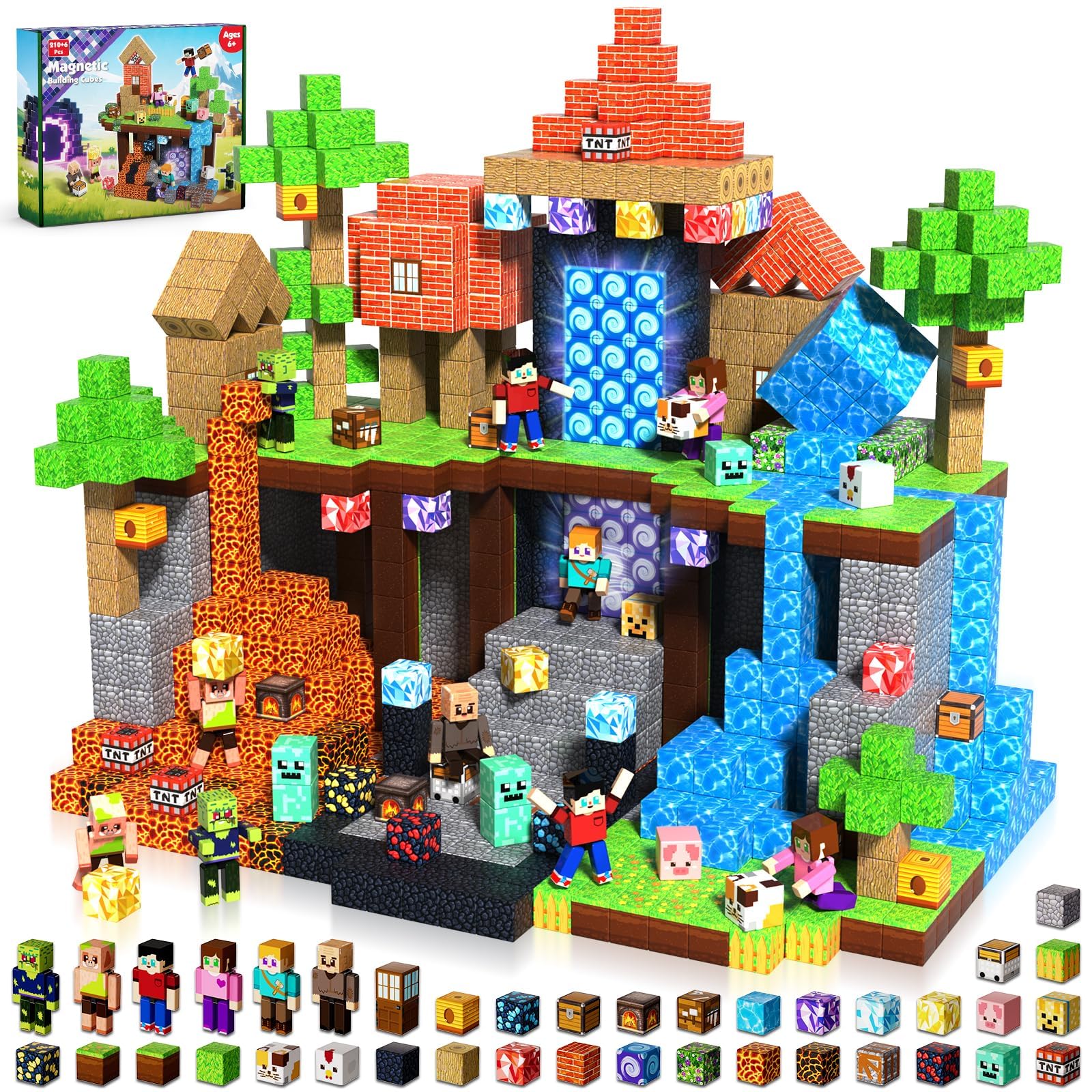 Magnetic Blocks -210PCS Magnetic Building Block for Kids Ages 4-8 9-12, Magnet Blocks Cubes with Collectible Doll Constructions Toy for Boys Girls, STEM Stacking Toys Christmas Halloween Easter Gifts