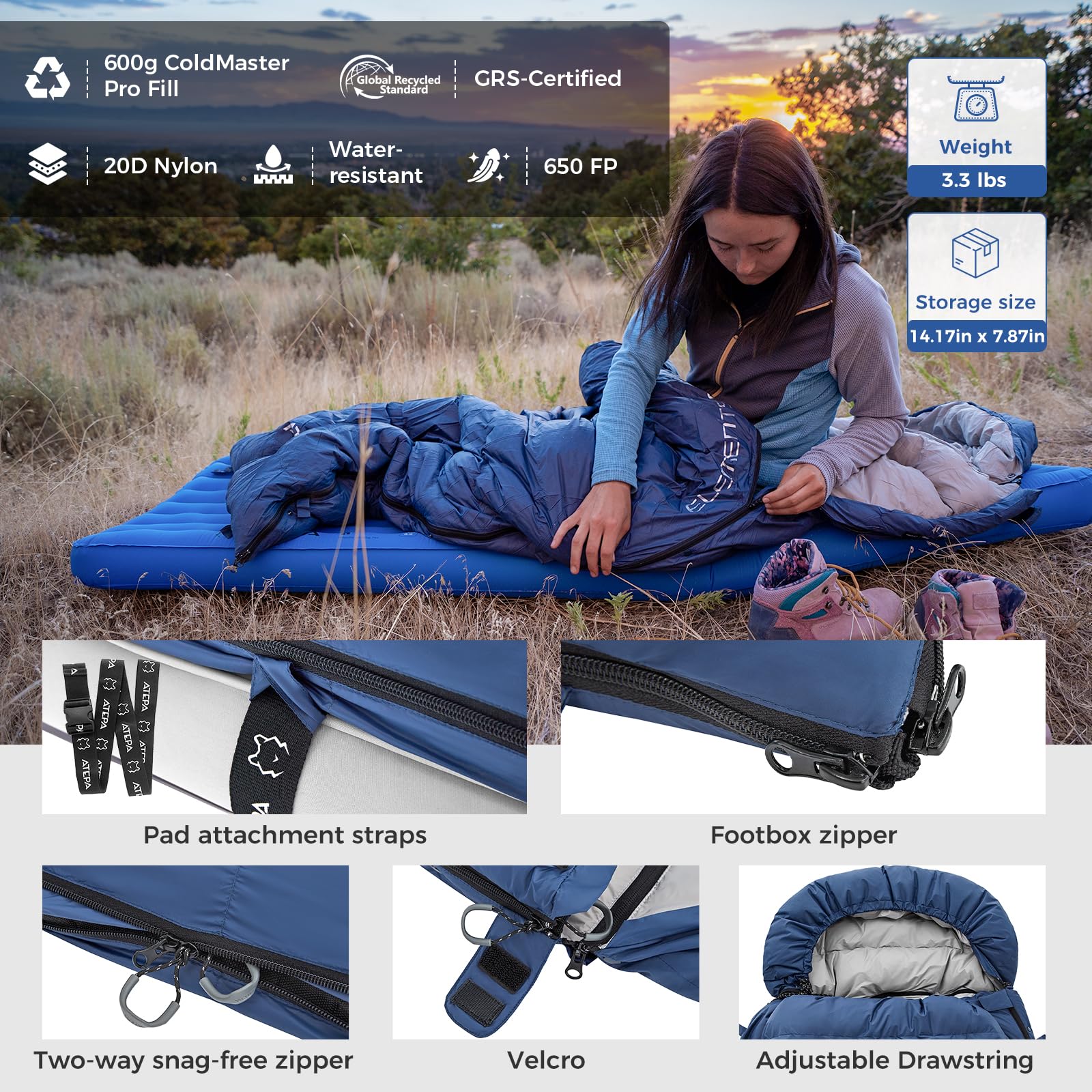 ATEPA Sacco a pelo leggero e caldo per adulti con clima freddo per escursionismo, campeggio – XL Compact 4 stagioni busta sacco a pelo