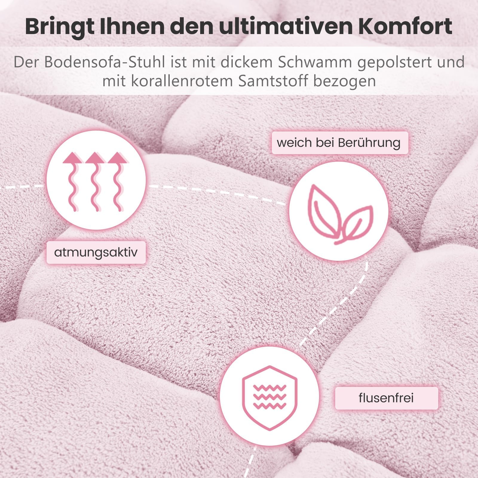 FANTASK Bodensessel gepolstert, Verstellbare Sofastuhl, Bodenstuhl mit Verstellbarer Rückenlehne, Hellrosa