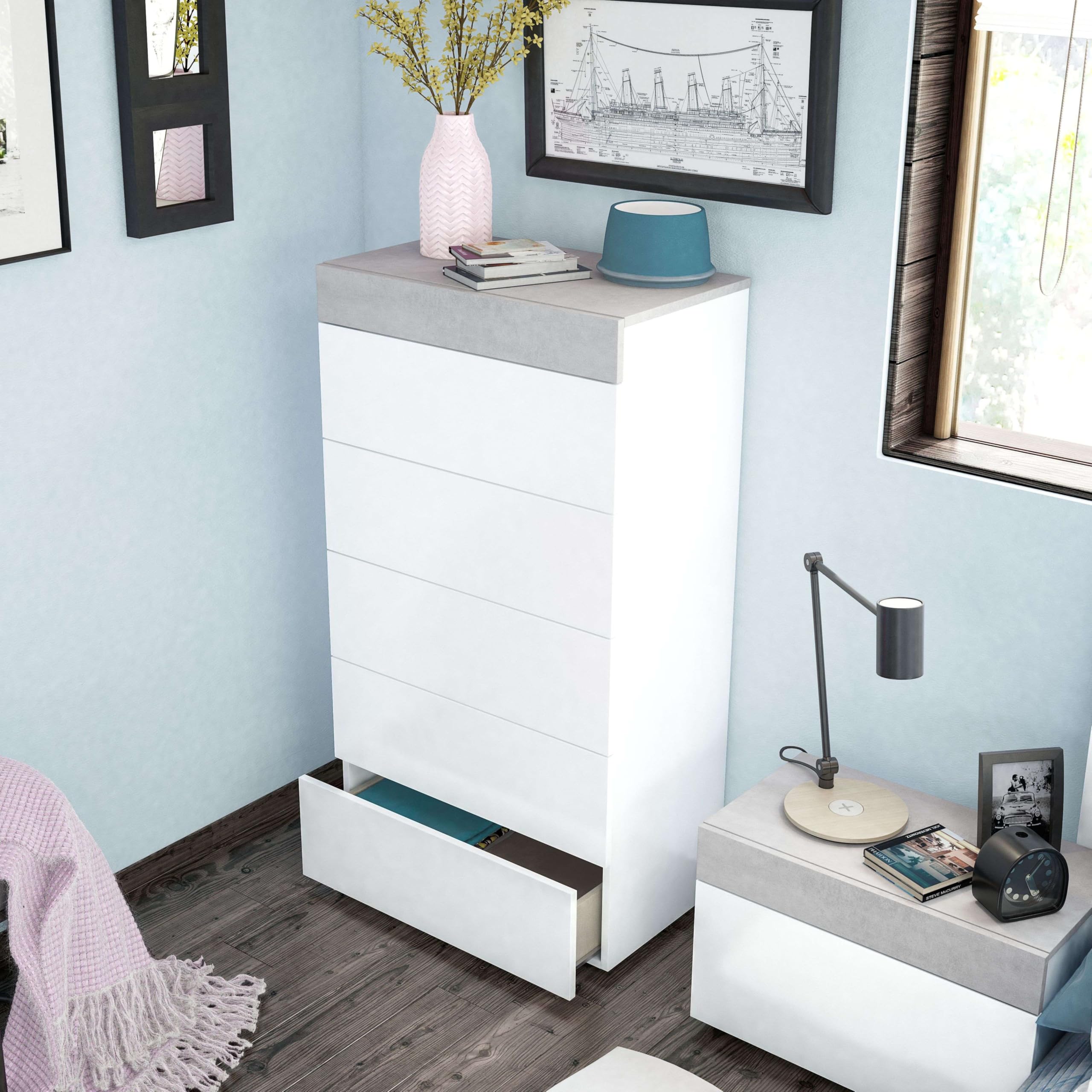 Habitdesign – Cómoda Sinfonier con 5 Cajones, Comoda Moderna para Dormitorio, Sinfonier Vestidor, Color Blanco Artik y Gris Cemento, 118x61x40 cm - Modelo Tekkan