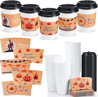 Remerry 150 Pcs 12 oz Halloween Disposable Coffee Cups with Lids and Sleeves Paper Hot Coffee Dome Lids Tea Cup Sleeves for Halloween Party Decoration Supplies(Retro Pattern)