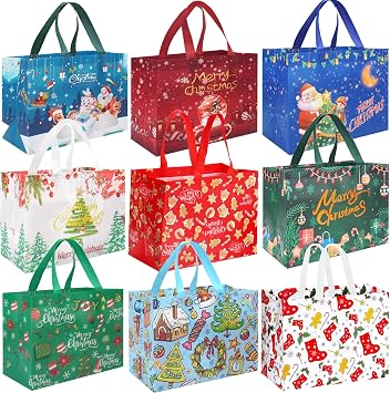Viaecone 9-Pack Christmas Gift Bags Large 12.8x9.8x6.7 Inches - Holiday Party Favor Tote Bags, Non-Woven Reusable Treat Bags for Xmas Presents, Decorations Christmas Color 2