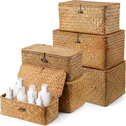 Kigley 6 Pc Wicker Storage Baskets with Lids