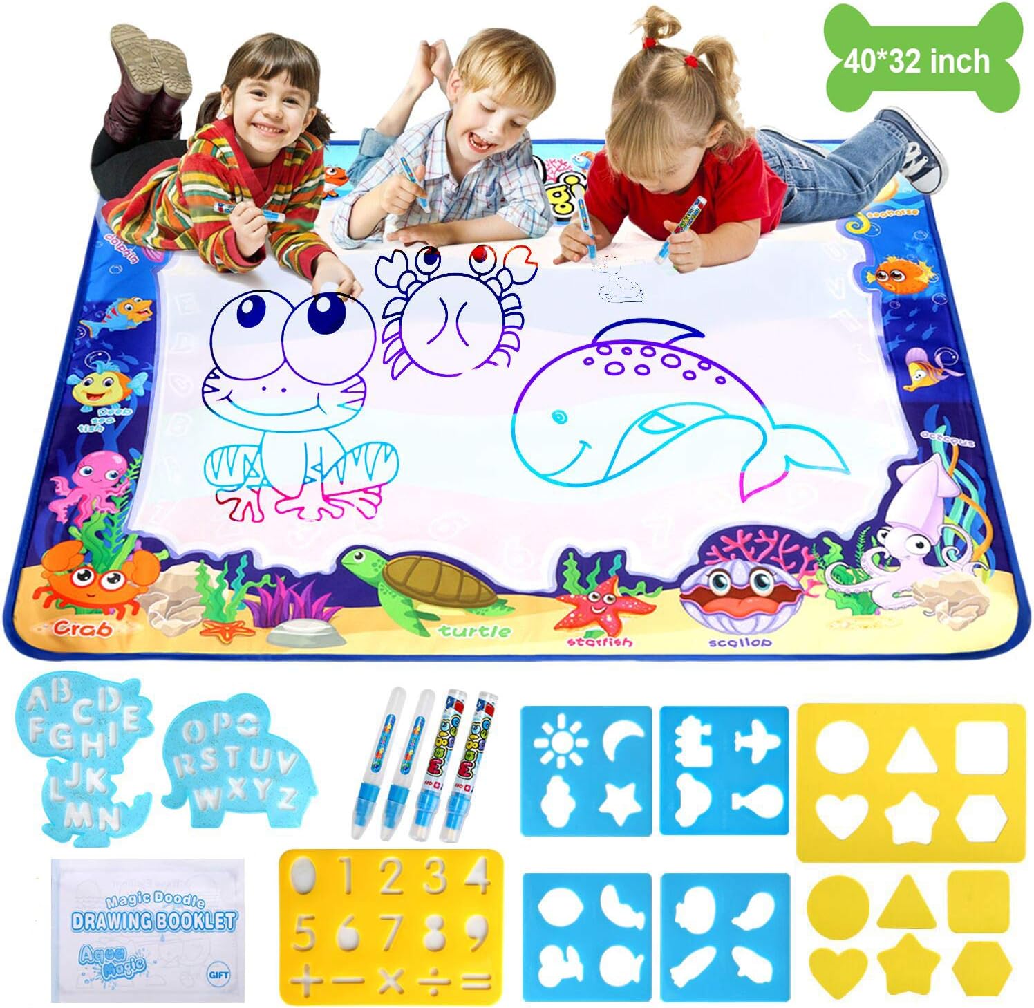 Water Magic Mat, Aqua Drawing Magic Mat, Water Painting Doodle Mat with 4 Magic Pens Developmental Educational Toys for Toddlers Kids (40 X 32 Inches)