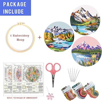 LB Scenery Floral Embroidery Kit for Beginners Adults, 3 Sets Hand Embroidery Starter Kit with Tree Mountain Pattern and Instructions Stamped Cross Stitch Kits Include Embroidery Hoop Needles Threads