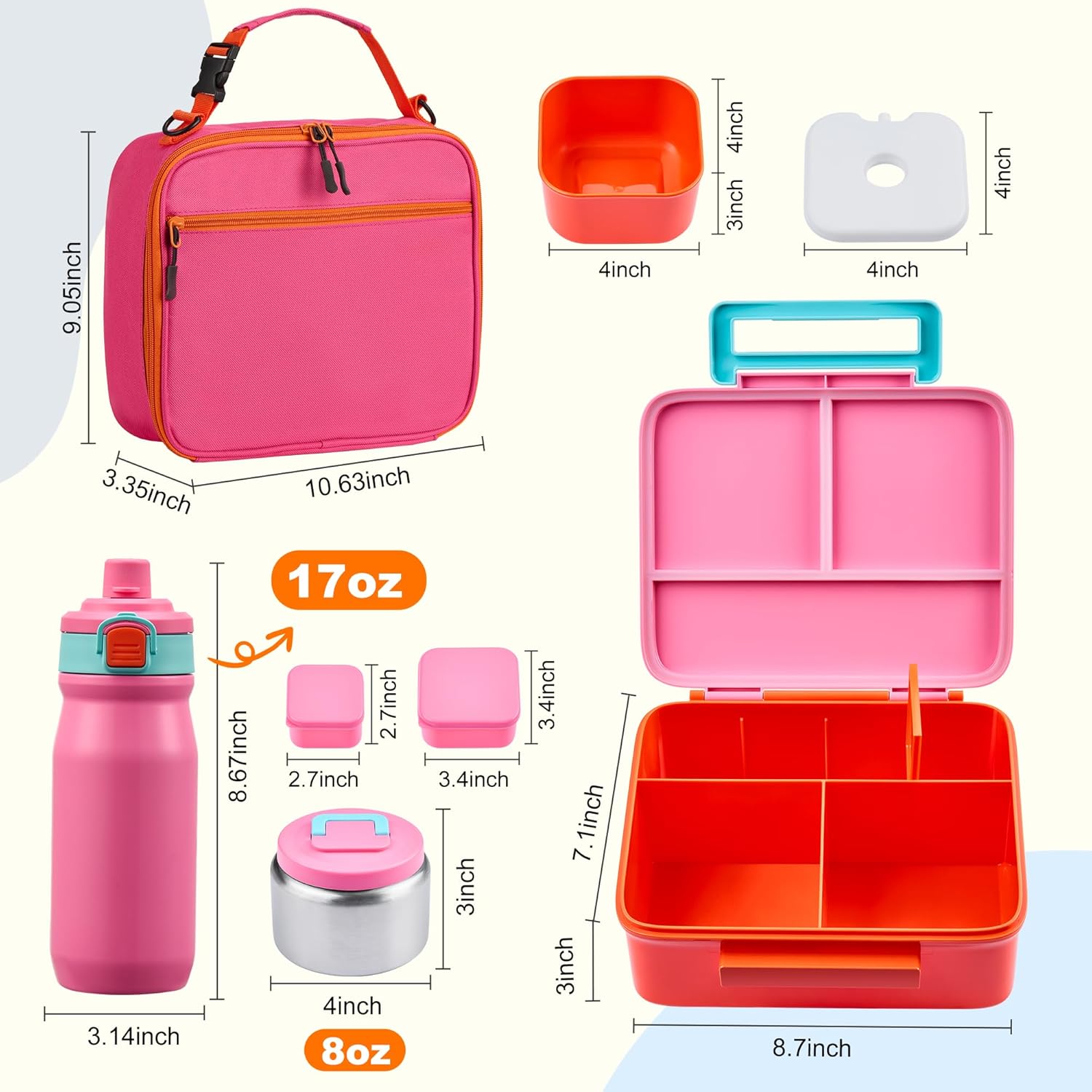 MAISON HUIS Bento Box for Kids with 8oz Soup Thermo, Leak-proof Lunch Food Containers with 5 Compartment, Insulated Lunch Bag & 17oz Stainless Steel Water Bottle for School, Trvael - Image 2
