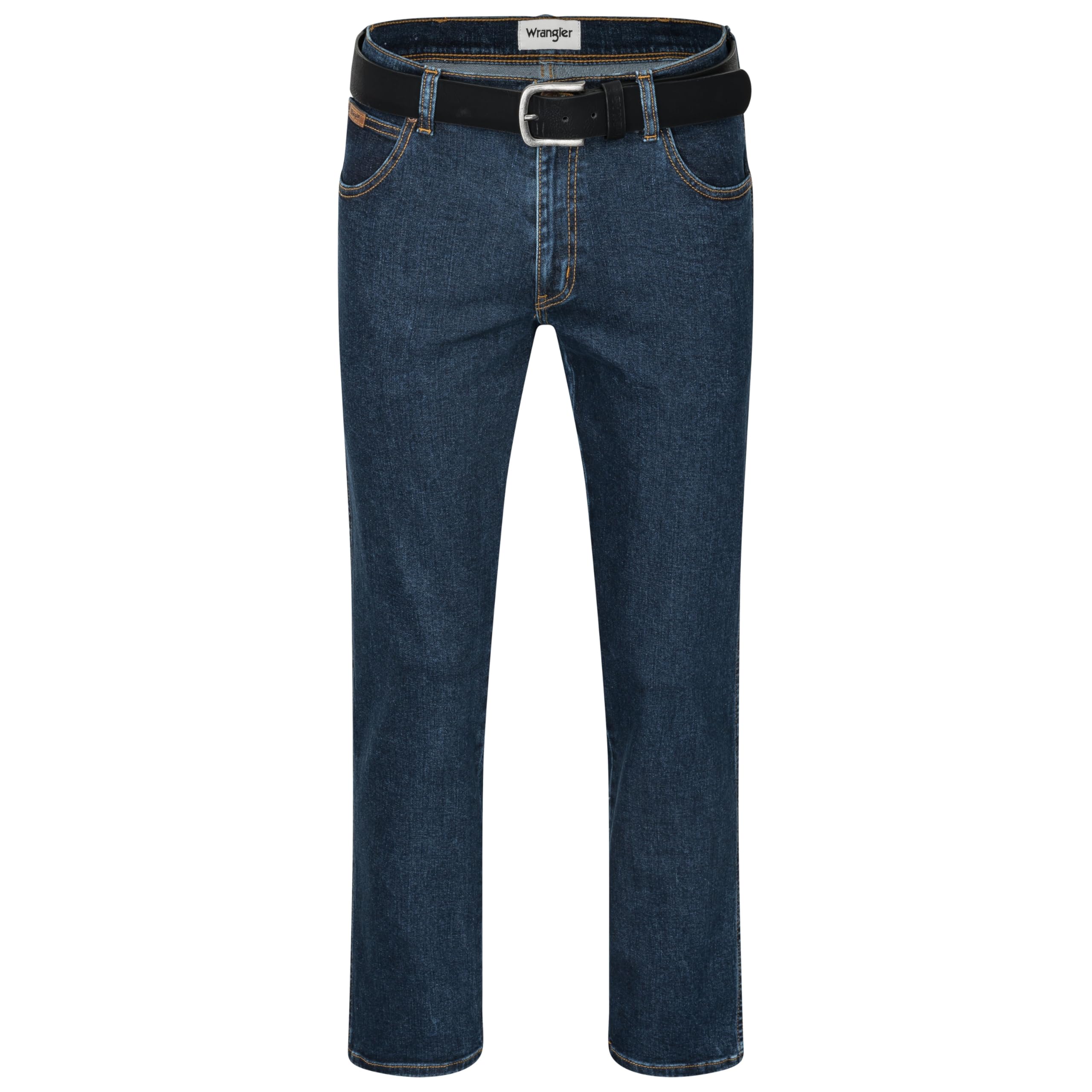 Wrangler Texas Herren-Stretchjeans Regular Fit Authentic Straight in verschiedenen Waschungen mit Gürtel in schwarz oder braun (W40/L36, Darkstone + schwarzer Gürtel)