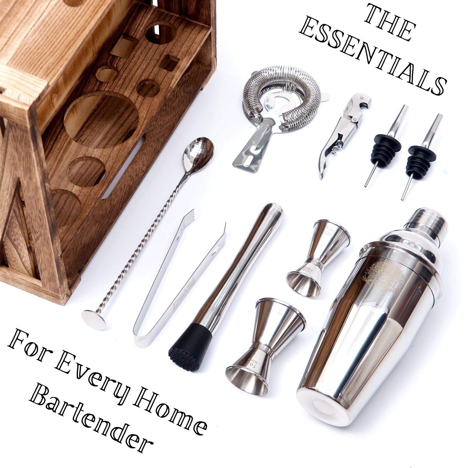 Juego de coctelería de 11 piezas, coctelera de barman de acero inoxidable de alta calidad con soporte de madera y accesorios, herramientas ideales para bar, cocina, uso profesional