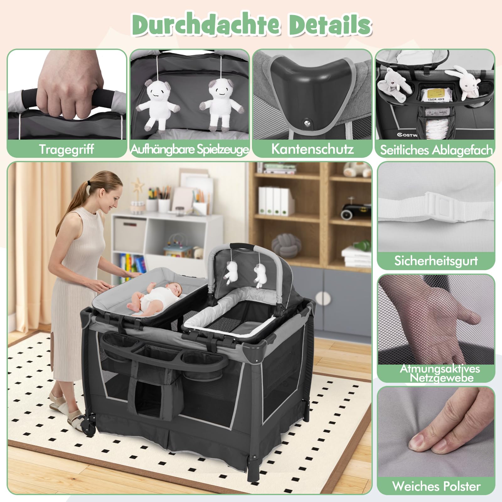 DREAMADE 5 in 1 Babybett, Reisebett Baby mit Matratze, verstellbarem Baldachin, Wickeltisch & Laufstall, Platzsparendes Beistellbett mit Tragetasche für Baby 0-36 Monaten (Grau)