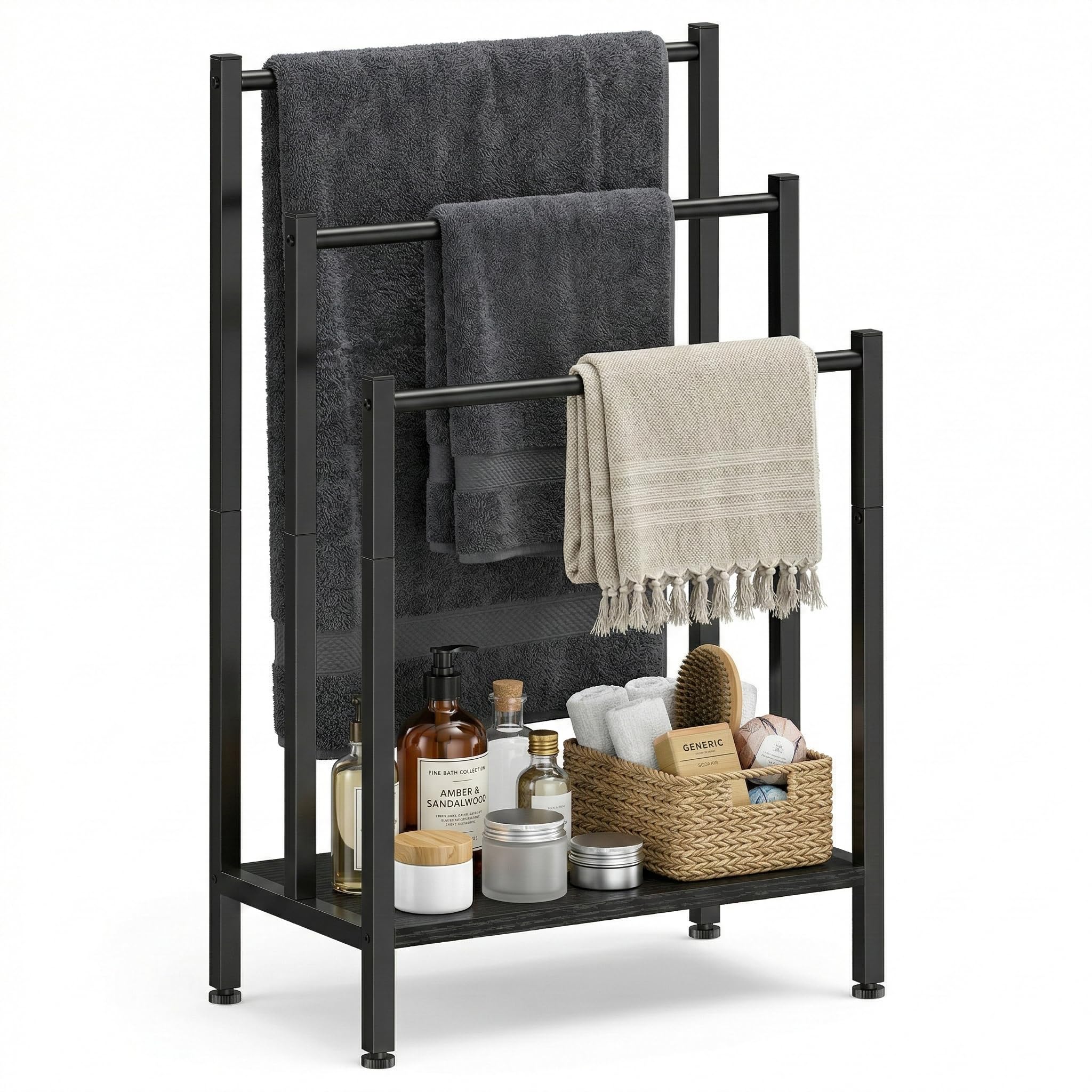 Free Standing Towel Rail, 3-tier Towel Rack with Storage Shelf, Towel Drying Stand for Bathroom Organizer Storage, Black