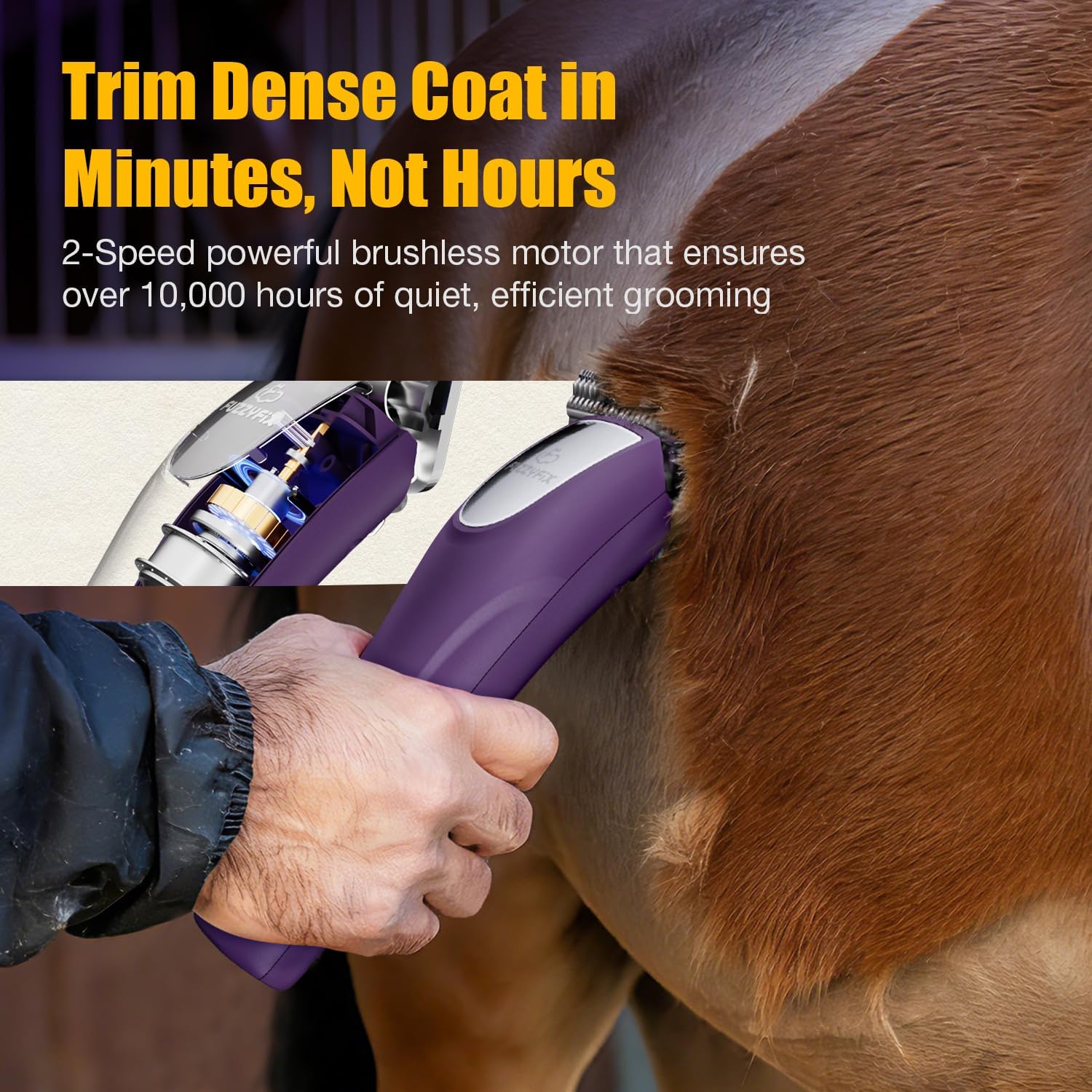 Professional Horse Clippers Cordless Low Noise, Detachable Wide Blade 2 Speed Grooming Clippers Kit for Thick Coat Long Hair, Heavy Duty Electric Horse Trimmer for Livestock Dogs Cats