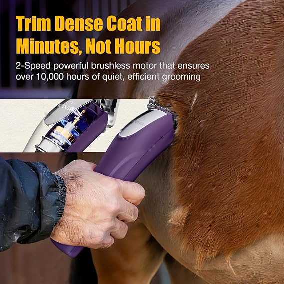 Professional Horse Clippers Cordless Low Noise, Detachable Wide Blade 2 Speed Grooming Clippers Kit for Thick Coat Long Hair, Heavy Duty Electric Horse Trimmer for Livestock Dogs Cats