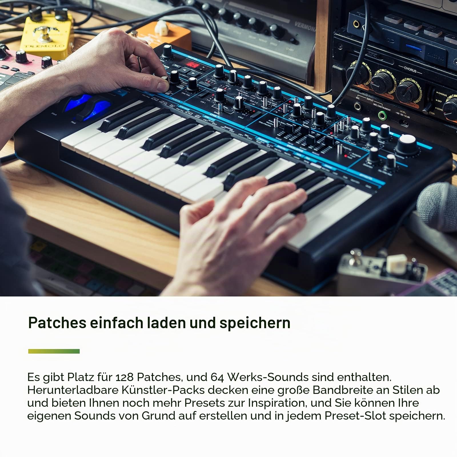 Novation Bass Station II, analoger, monophoner Synthesizer – bietet 64 Werksklänge, einen Pattern-basierten Step-Sequencer und Arpeggiator sowie zwei Oszillatoren mit zusätzlichem Suboszillator