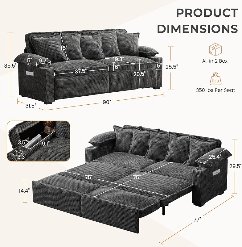 Insdq 90" Sleeper Sofa, 3-in-1 Pull Out Sofa Bed for Bedroom Living Room image 2