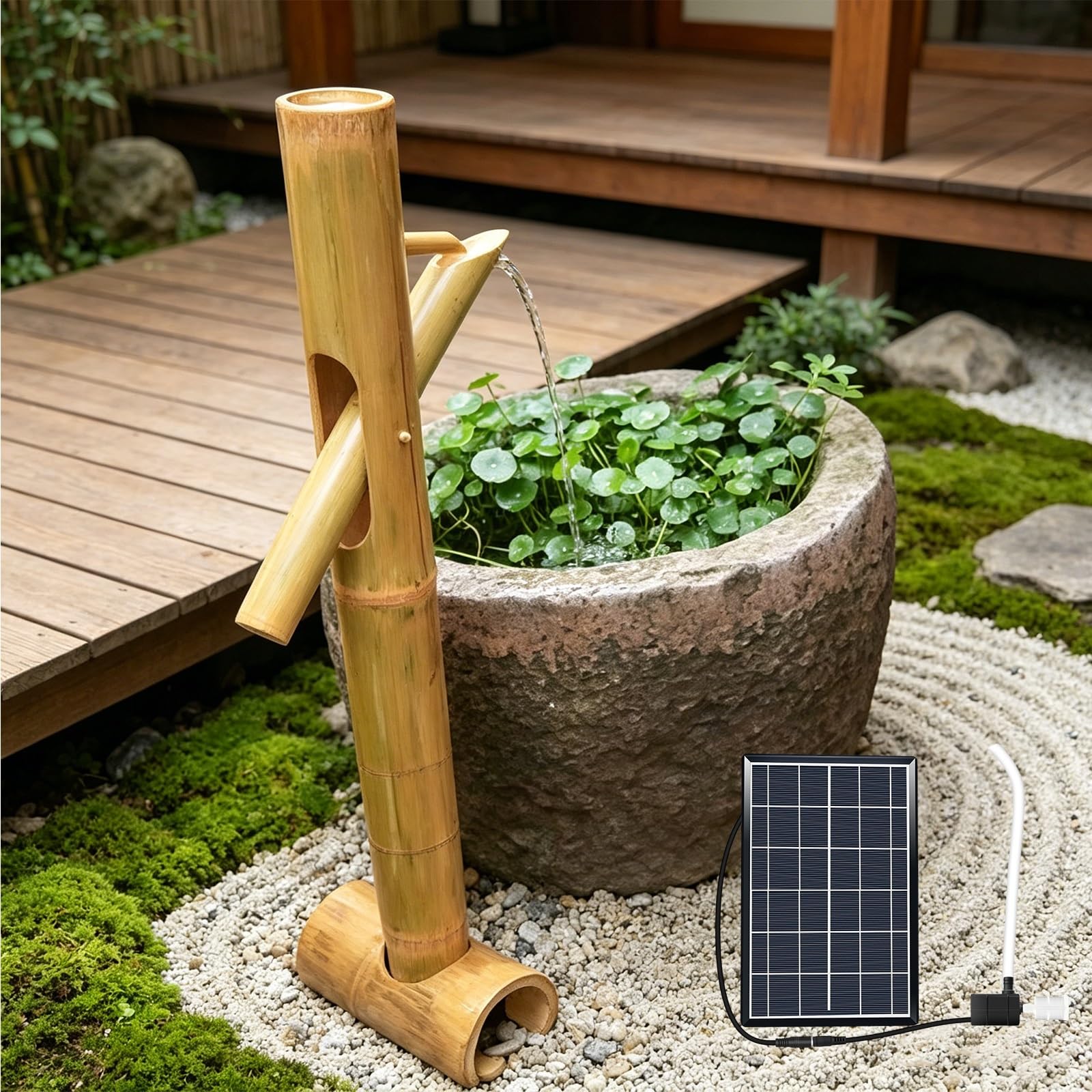 Outdoor Bamboo Fountains, Bamboo Traditional Japanese Rocking Water Fountain with Pump, Handmade Feng Shui Zen Water Fountains for Patio Yard Backyard Home(60cm)