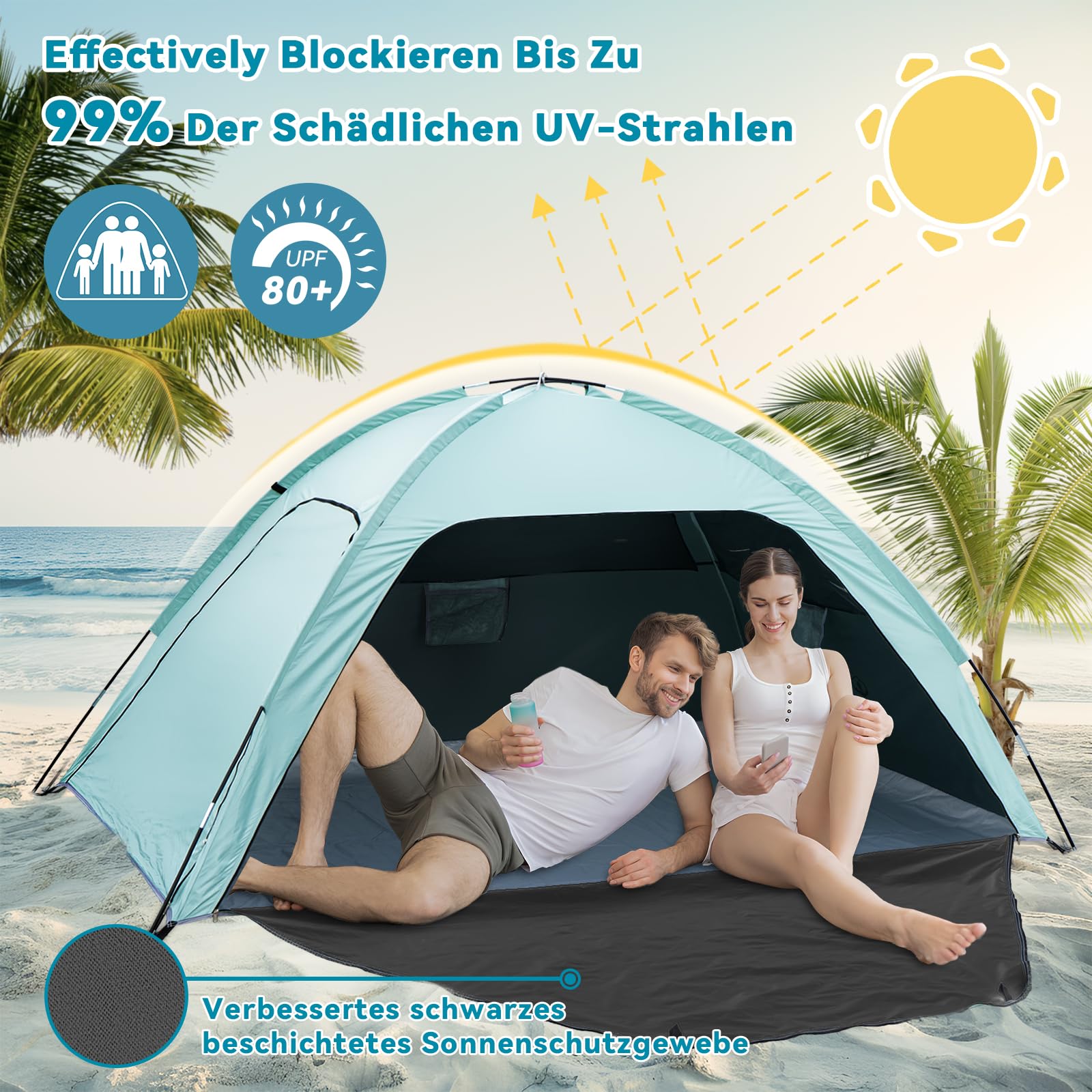 Tente De Plage Tilenvi Pour 2-3 Personnes – UPF 50+, Imperméable, Ventilée, 1,8 Kg, Montage 5 Minutes, Compacte 43x14x14 Cm