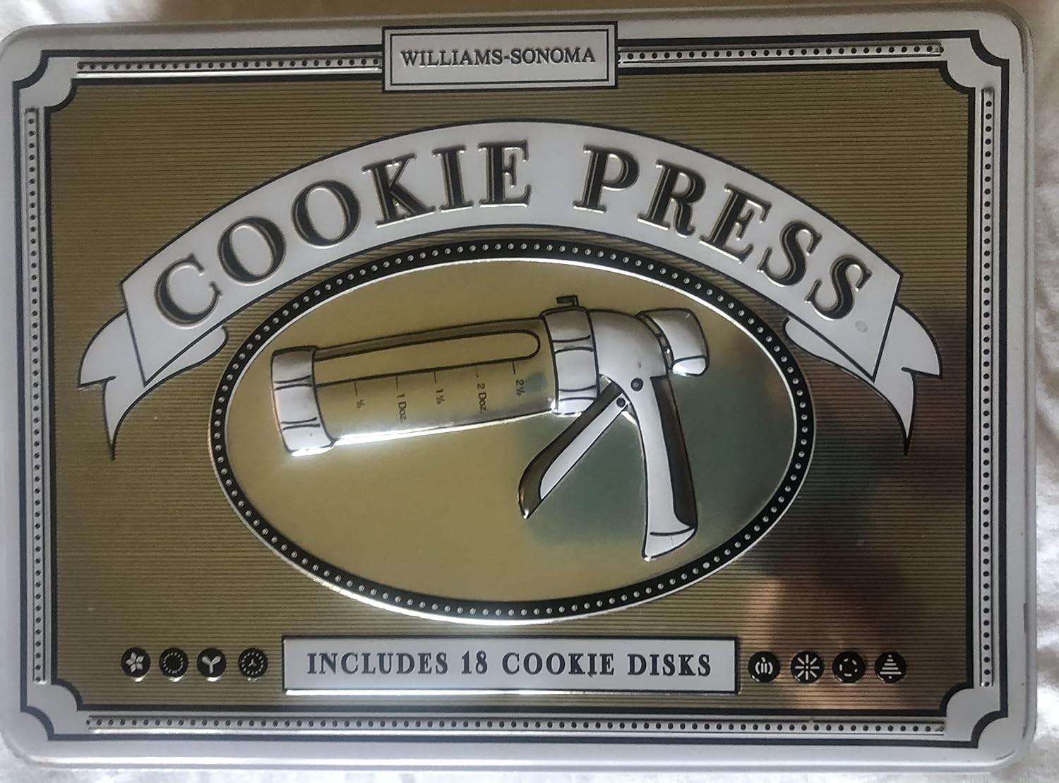 Williams Sonoma Cookie Press with Decorative Tin and 18