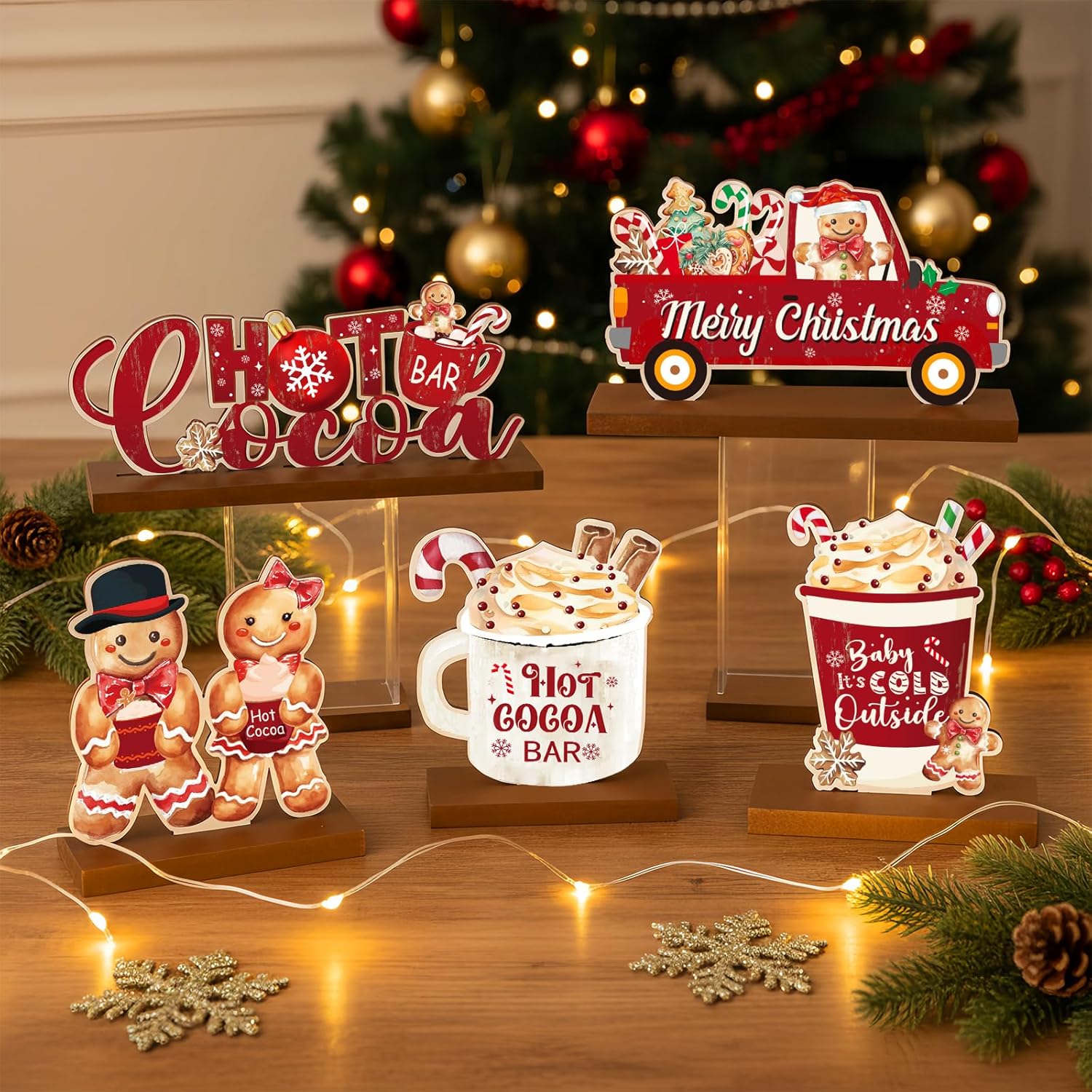 Gerrii 6 Pcs Christmas Table Decoration Wooden Hot Cocoa Table Sign Merry Christmas Gingerbread Man Tabletop Centerpiece Gift for Xmas Winter Coffee Bar Holiday Party Home Desk Shelf