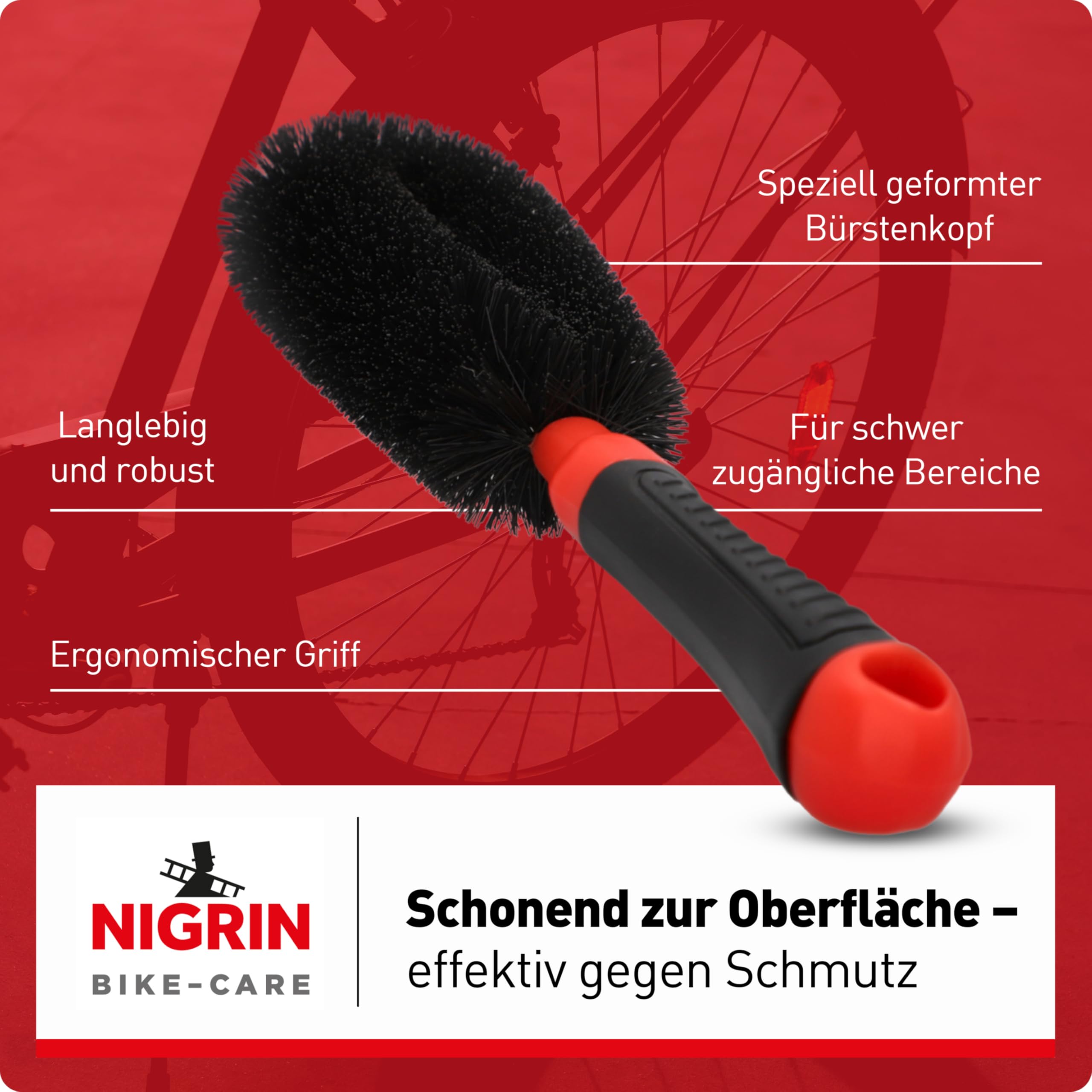 NIGRIN Bike Care szczotka do czyszczenia felg, wysokiej jakości szczotka uniwersalna, idealna do felg, szprych, kół jezdnych i piast, odporny na uderzenia i antypoślizgowy uchwyt, czarny, czerwony, 1